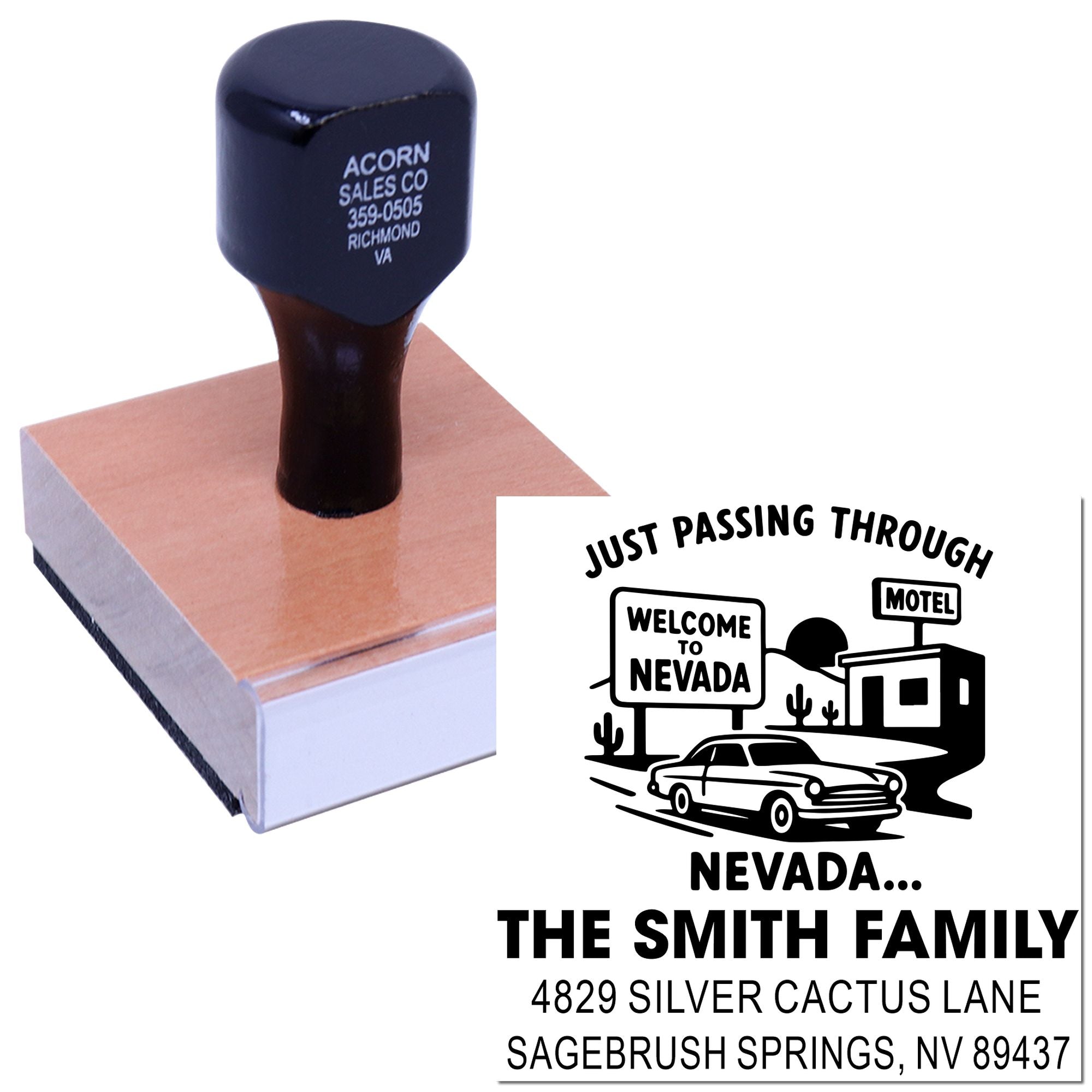 Custom rubber stamp with Nevada family address design for personalized mailing, crafts, and business use.