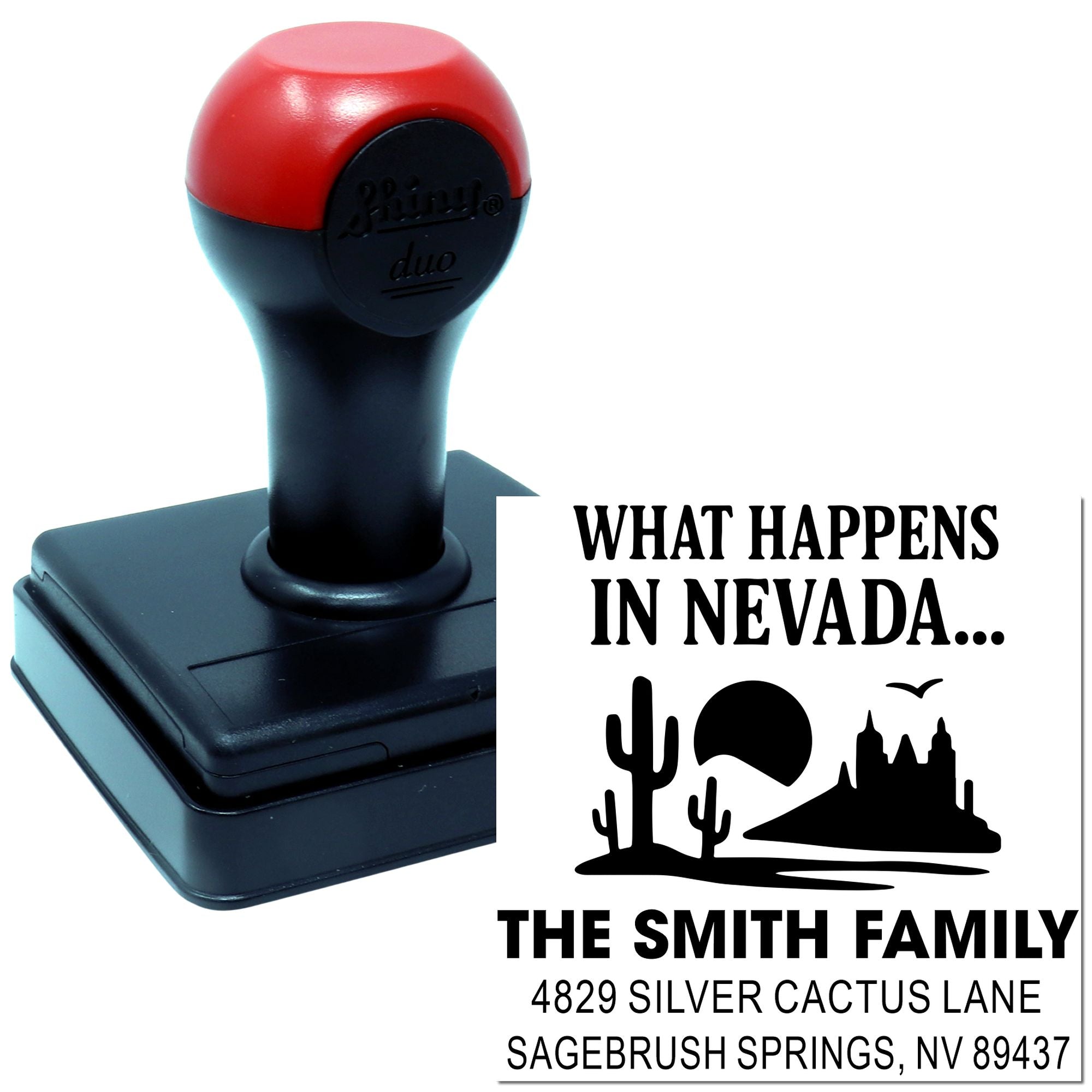 Custom Nevada return address rubber stamp featuring cacti, desert skyline, and The Smith Family address design.