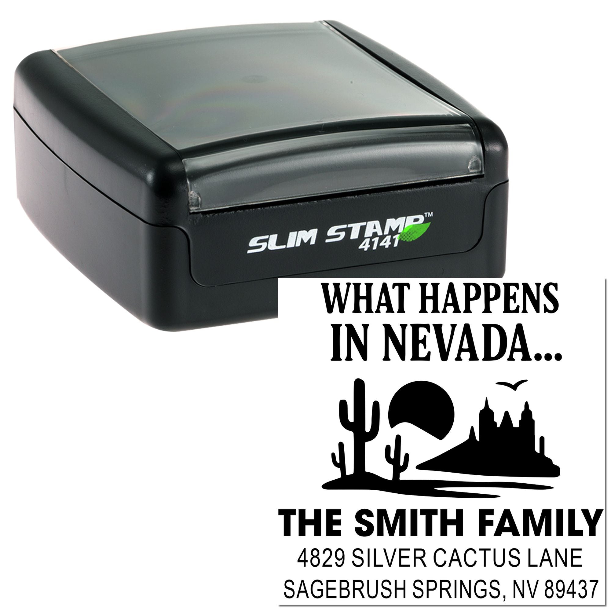 Custom Slim Stamp Nevada family return address rubber stamp with desert graphic and What Happens in Nevada design.