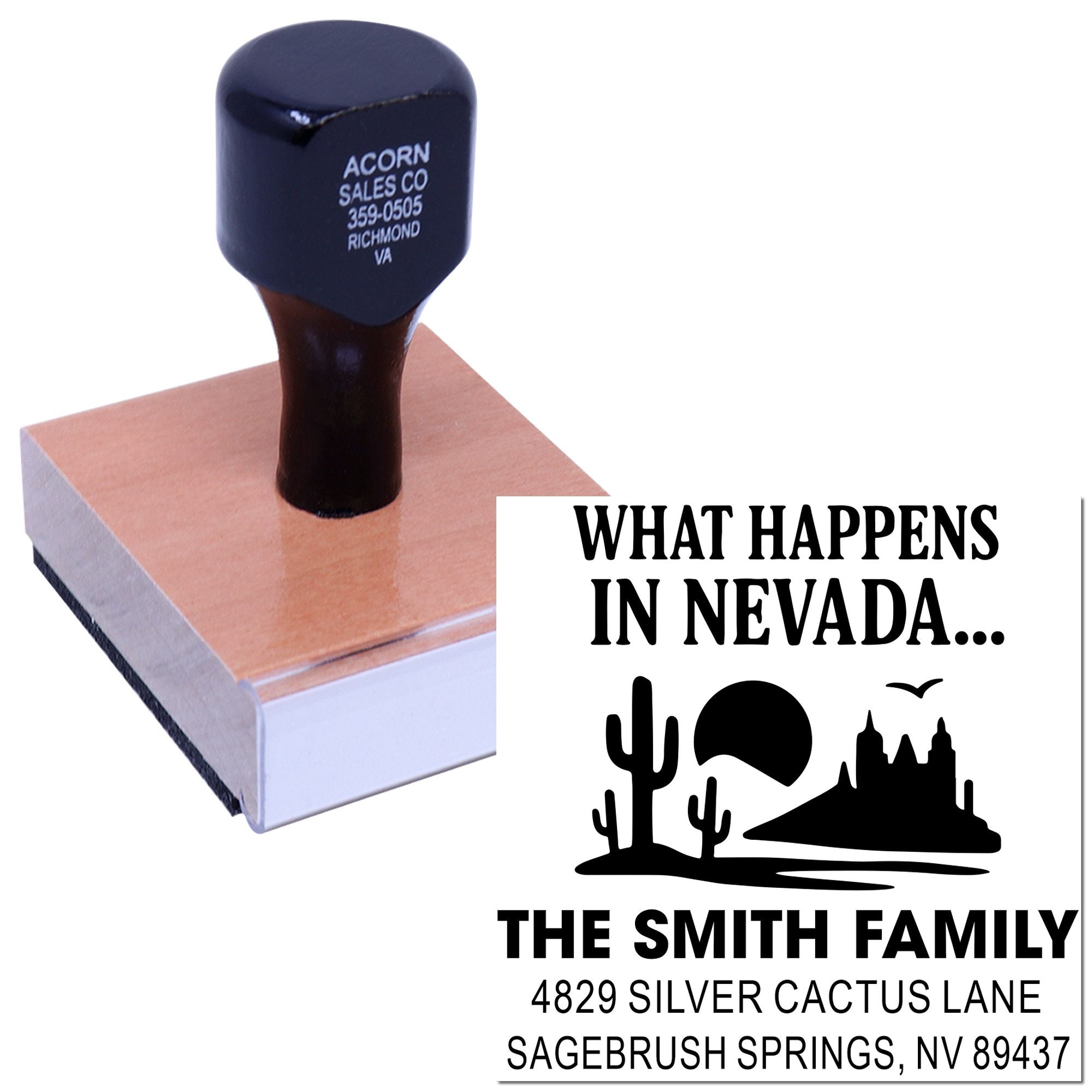 Custom self-inking rubber stamp featuring a Nevada family return address and desert design for personalized mailings.
