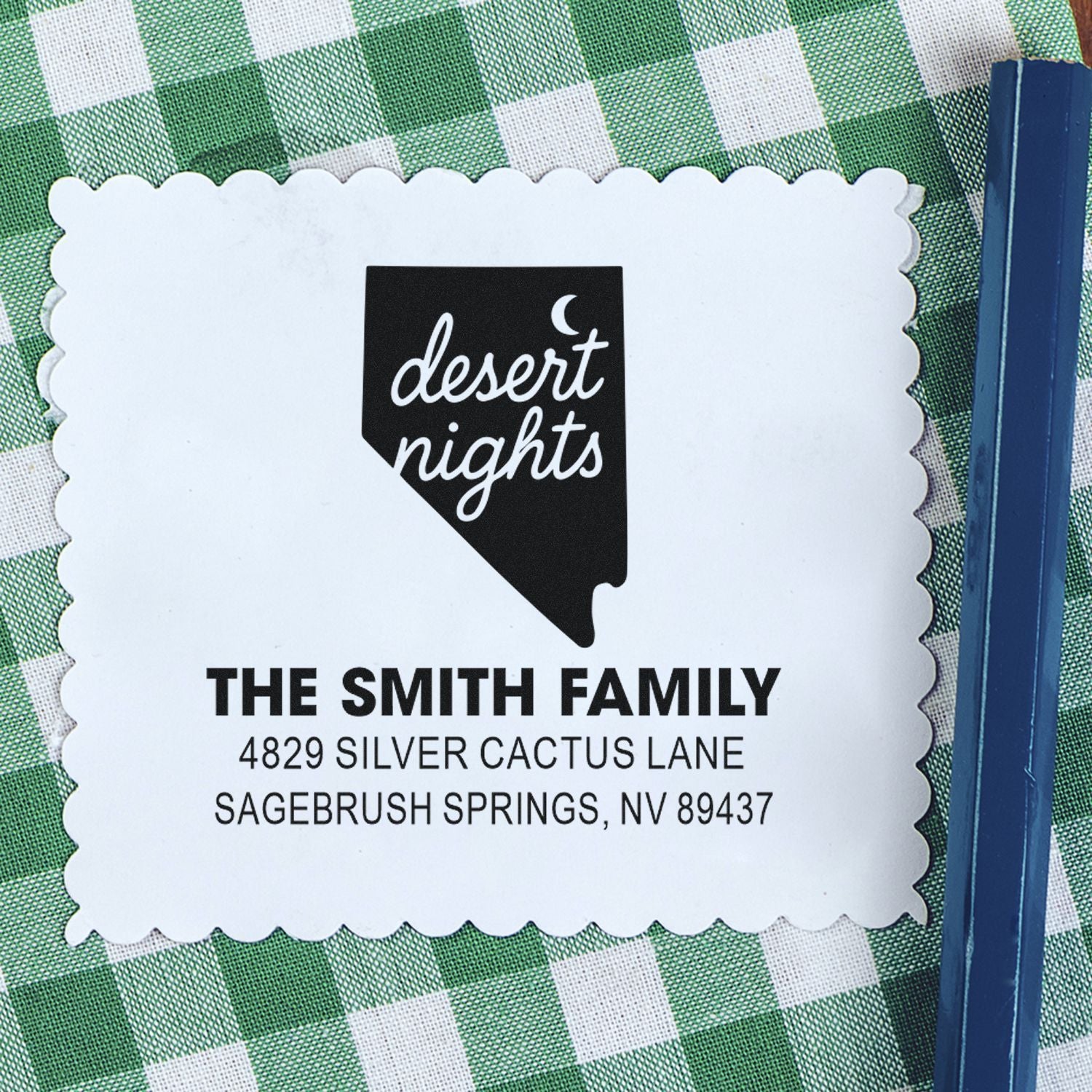 Custom address rubber stamp with Nevada desert nights design for The Smith Family, personalized return mail stamp.