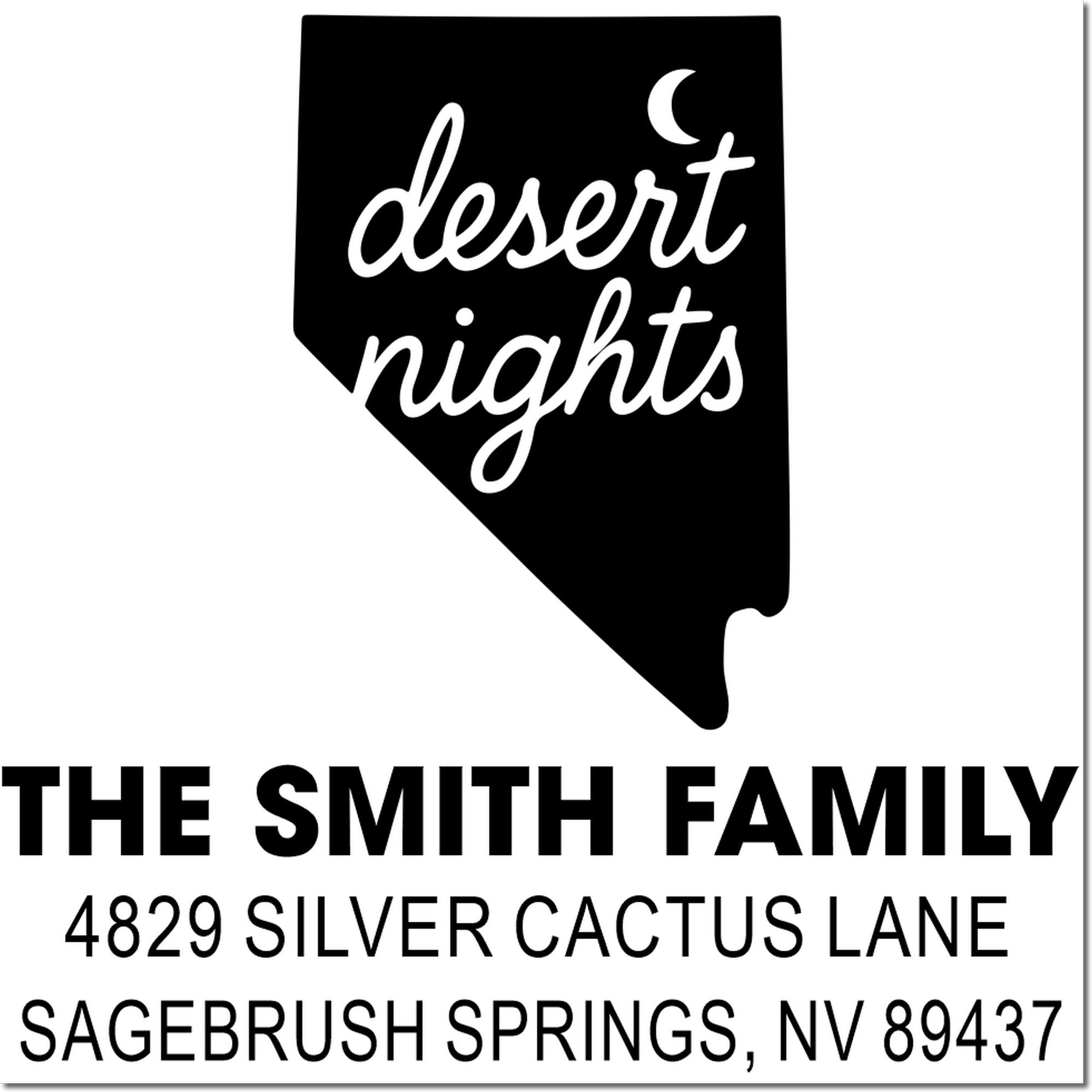 Personalized Nevada return address rubber stamp for The Smith Family, 4829 Silver Cactus Lane, Sagebrush Springs, NV 89437.