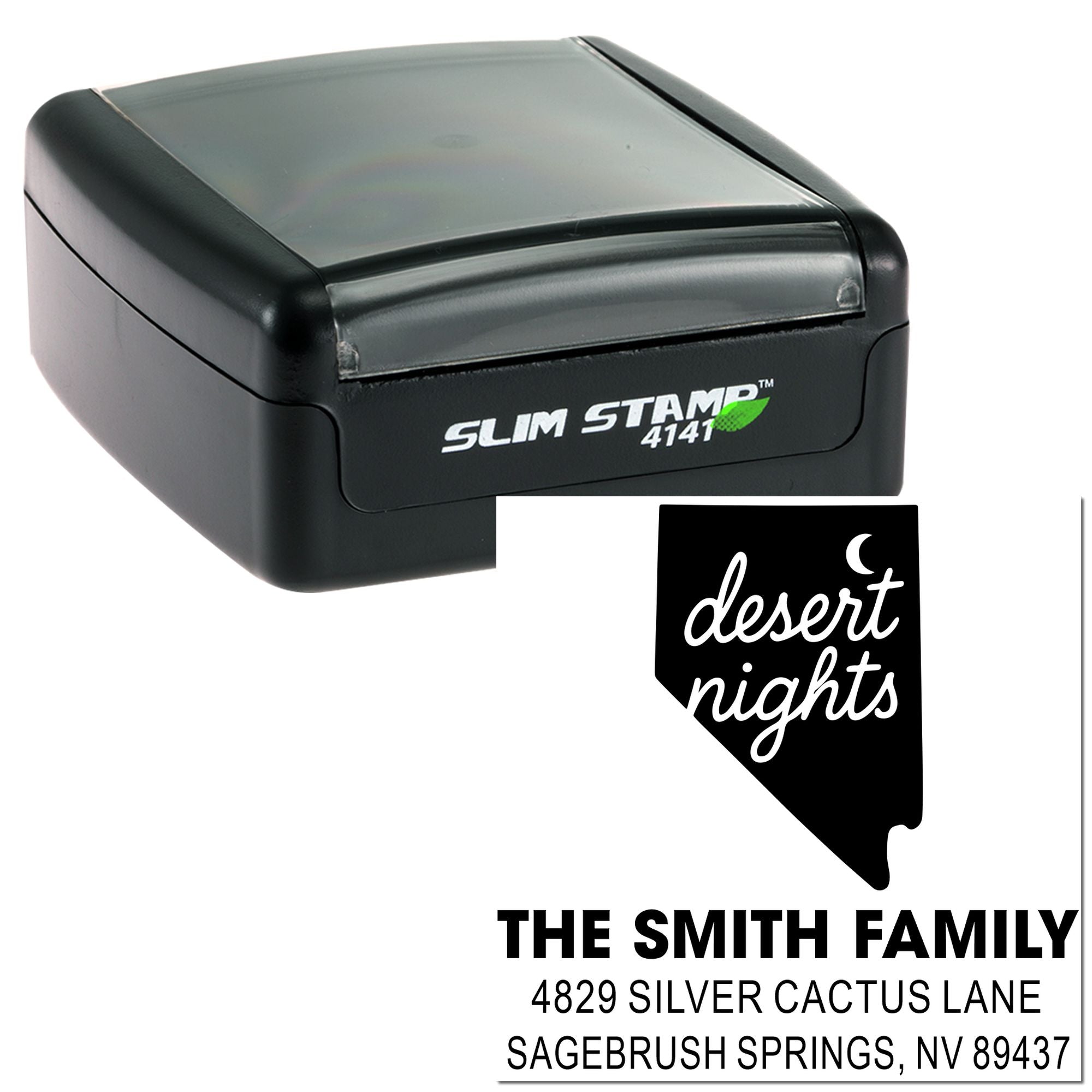 SlimStamp 4141 self-inking rubber stamp with custom desert nights return address design for The Smith Family.