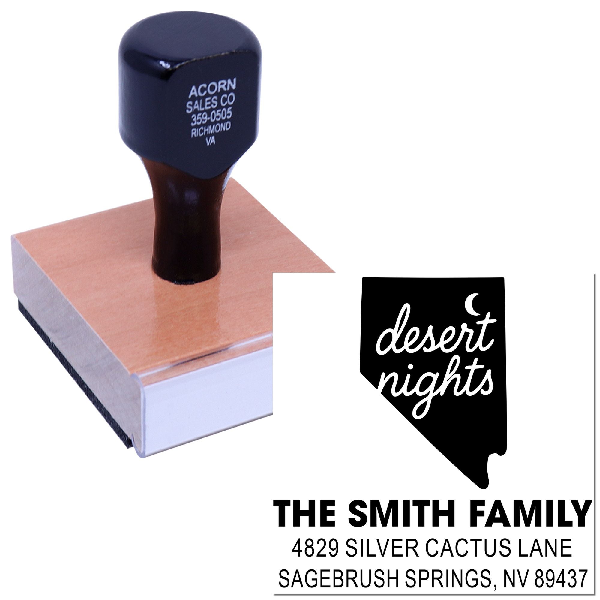 Custom rubber address stamp with Desert Nights logo and return address for The Smith Family, ideal for personalized mail.