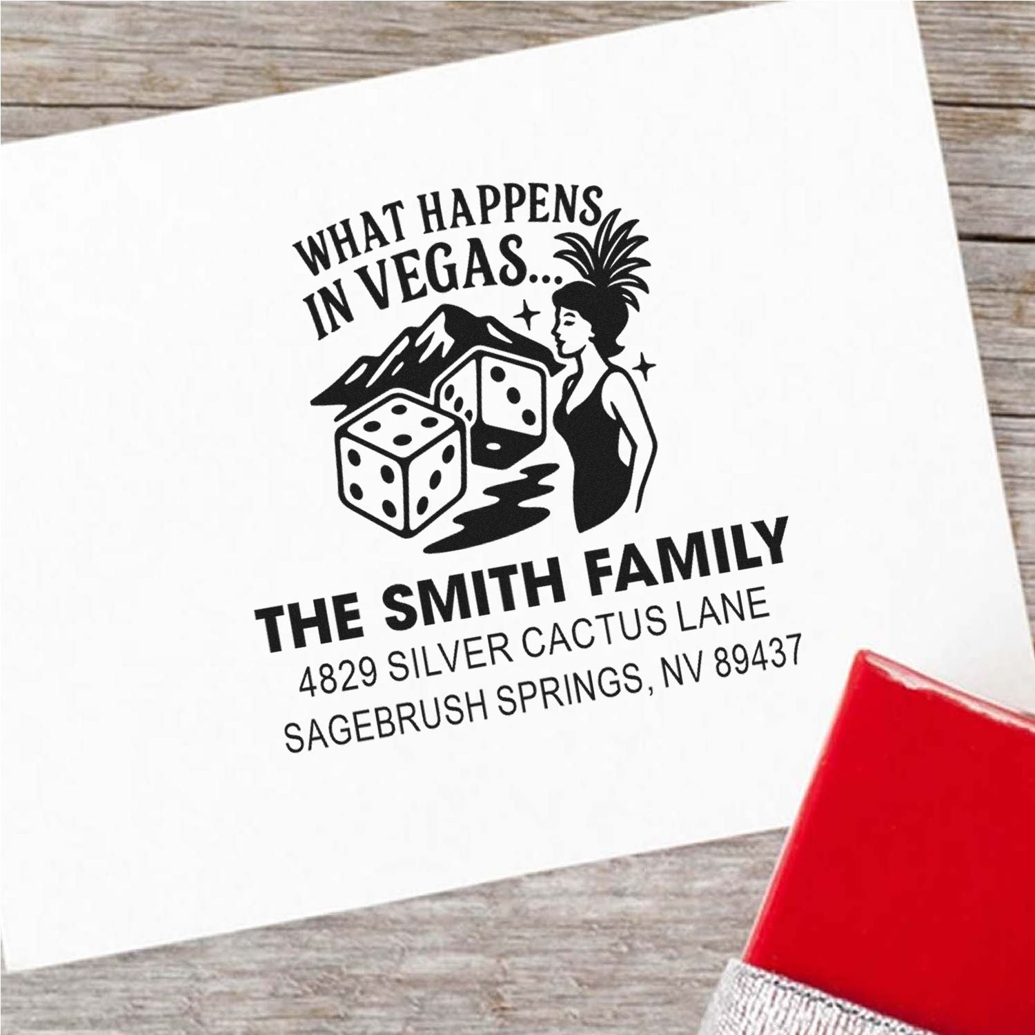 Personalized Vegas-themed return address rubber stamp with dice and showgirl design for custom family mail.