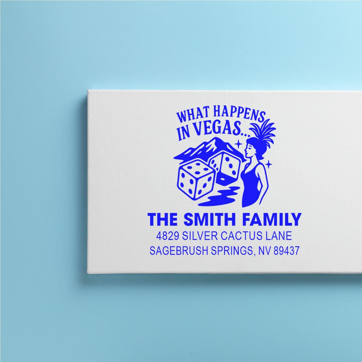 Custom Las Vegas family return address rubber stamp with What Happens in Vegas... design and Smith family address.