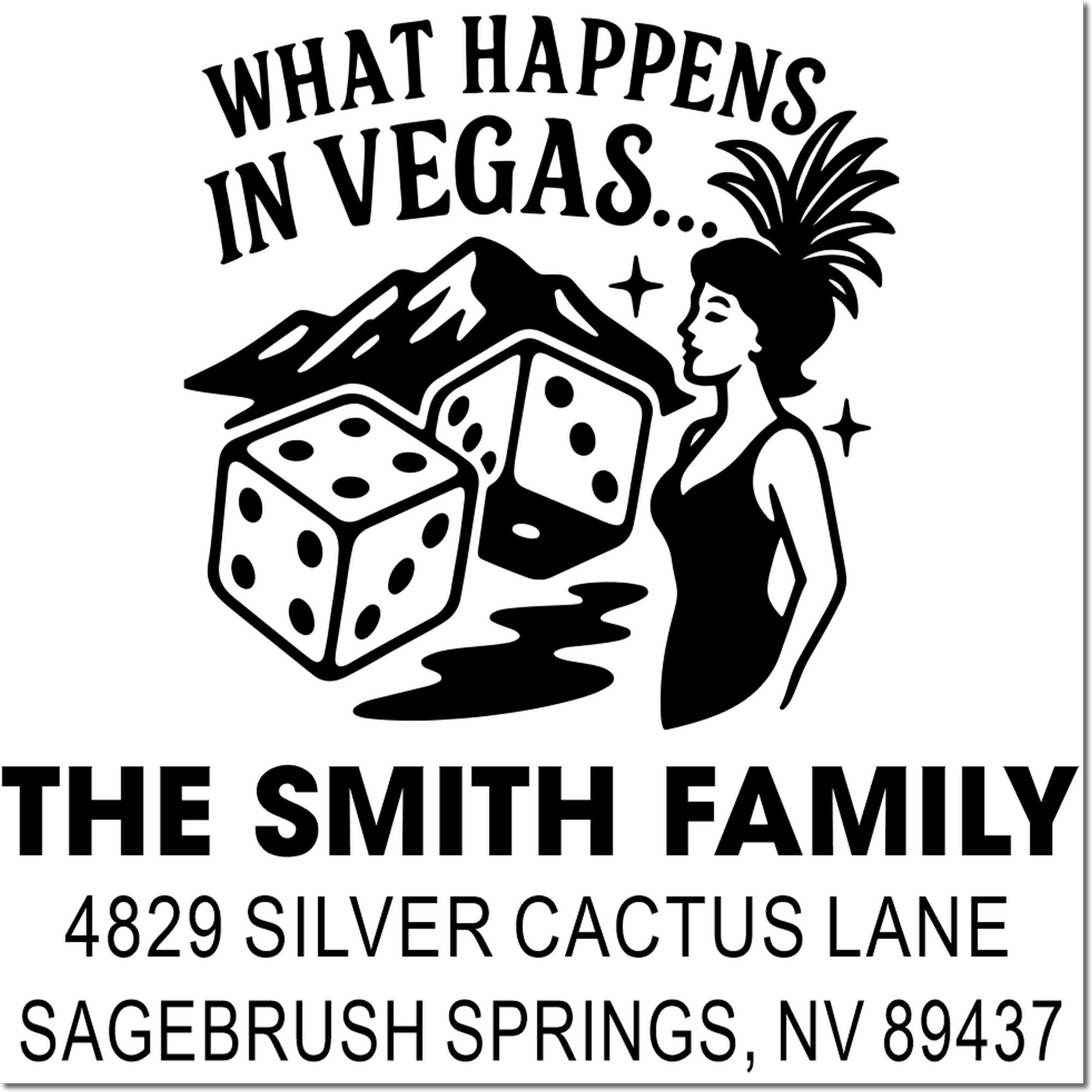 Custom Vegas-themed return address rubber stamp for The Smith Family, with dice design and Sagebrush Springs, NV address