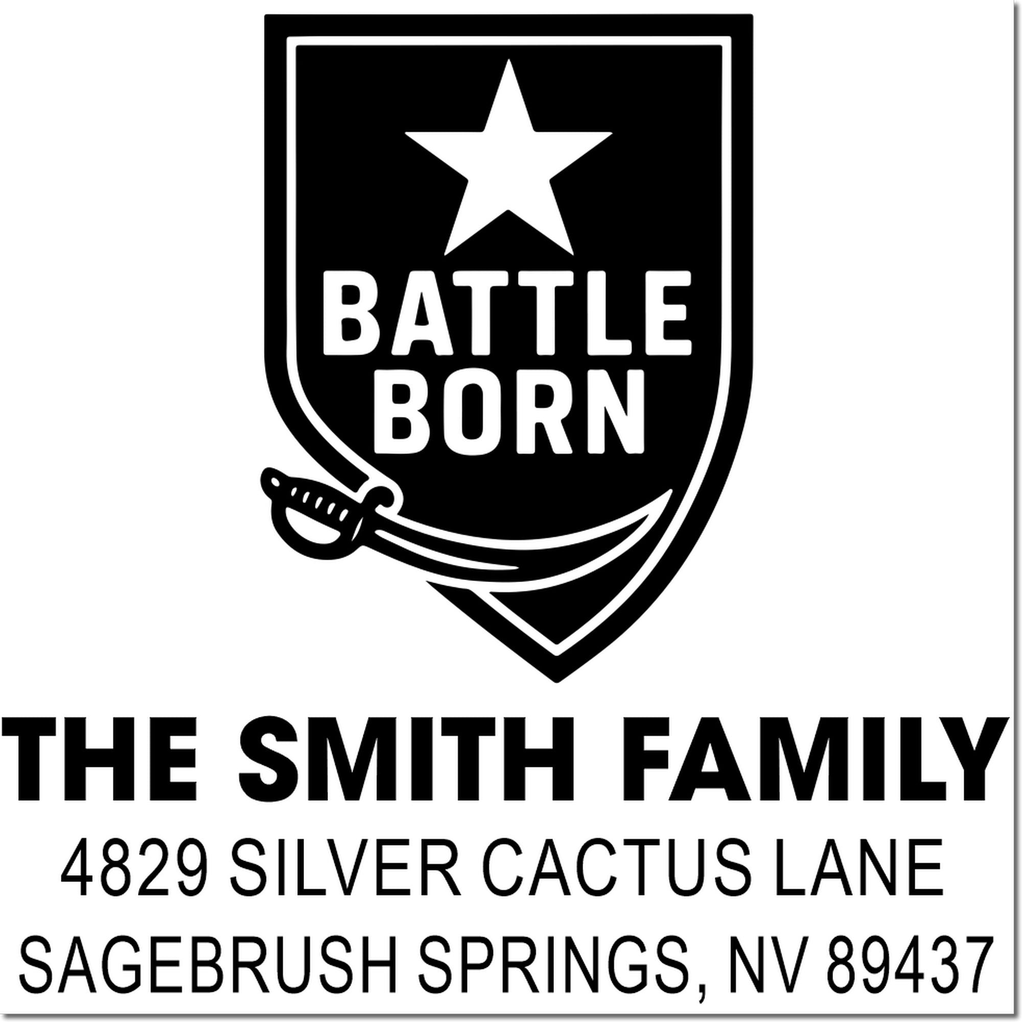 Custom rubber stamp with Battle Born crest for The Smith Family return address, Sagebrush Springs, NV 89437