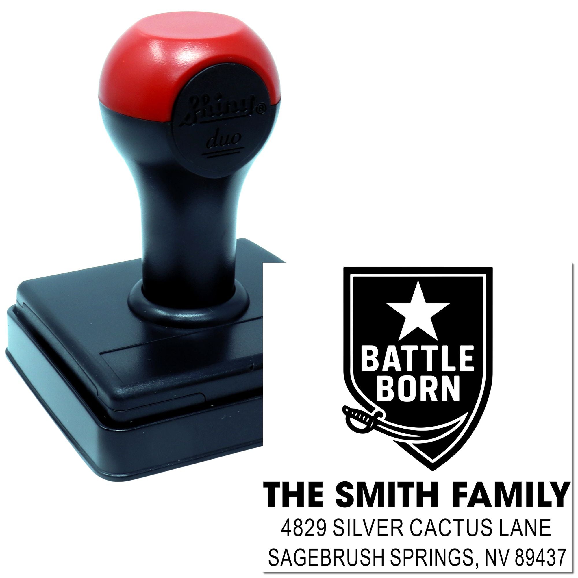 Custom self-inking Battle Born family address rubber stamp with shield logo and Nevada return address for mailings.