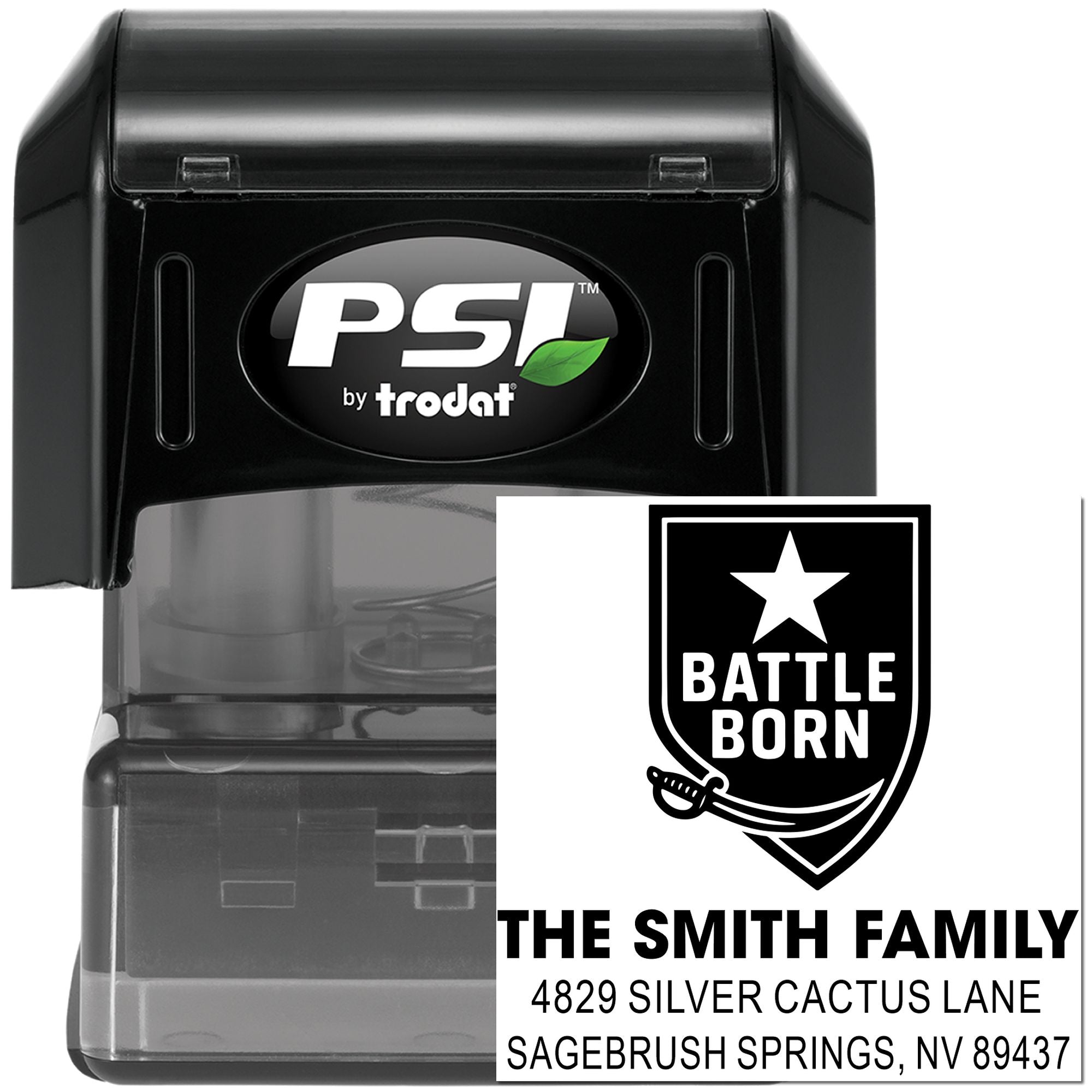 Custom self-inking rubber stamp with Battle Born family address design, PSI by Trodat for personalized mailing and return addresses.