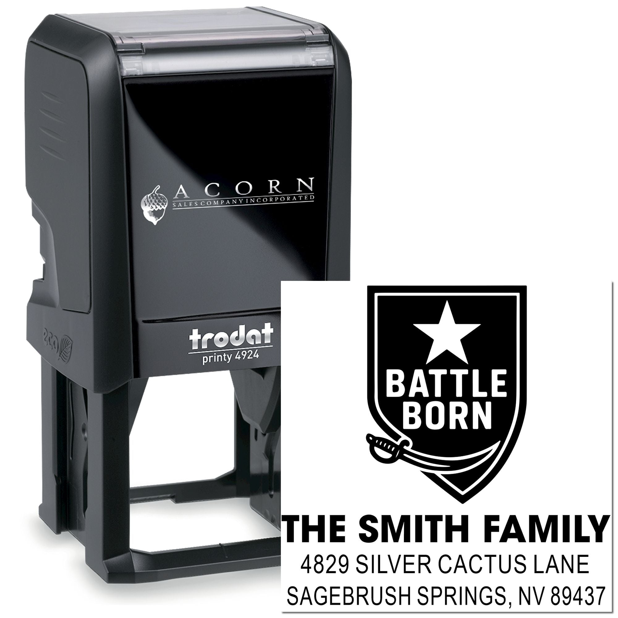 Custom self-inking rubber stamp with Battle Born return address for The Smith Family, Sagebrush Springs, NV