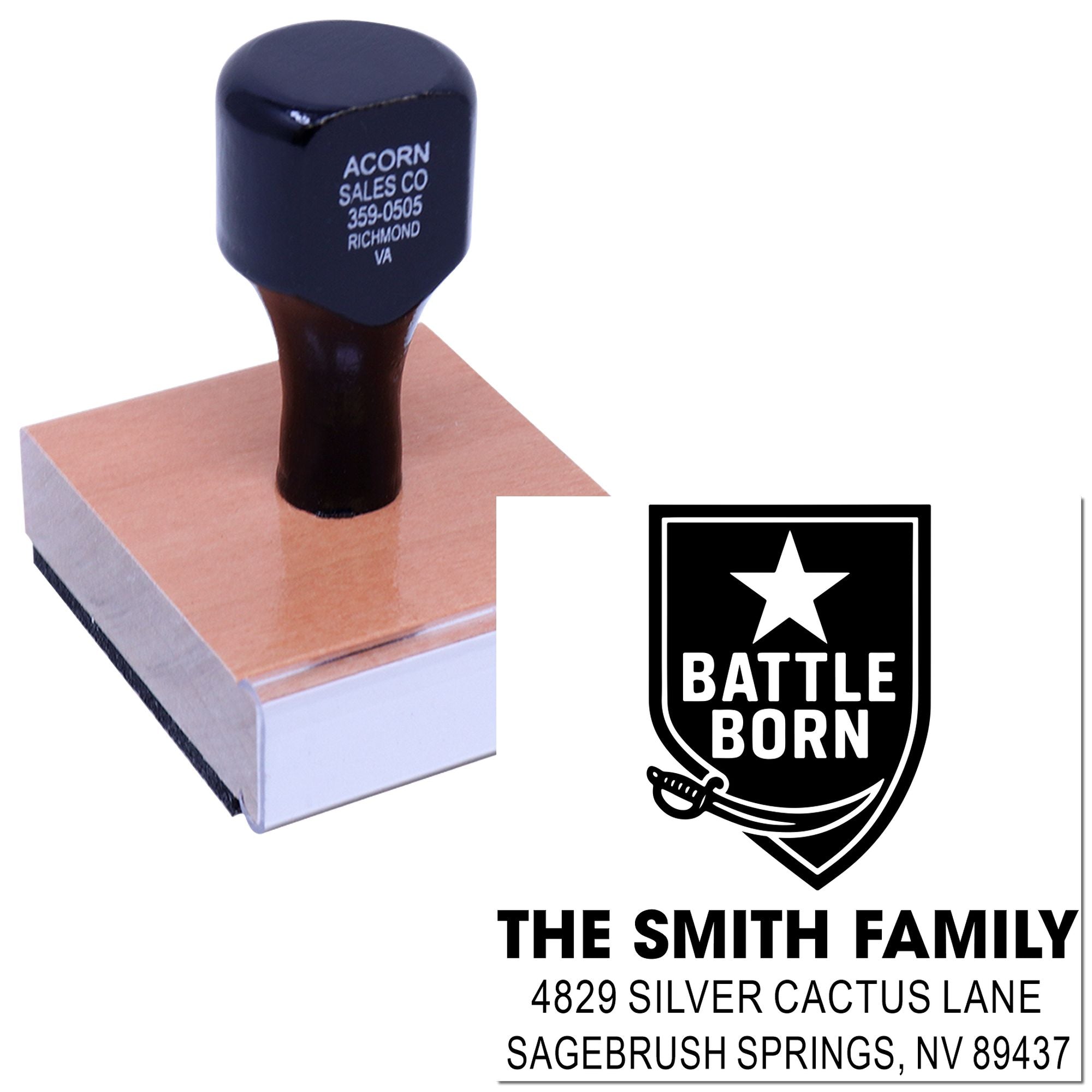 Custom Battle Born return address rubber stamp for The Smith Family, personalized mail and envelope stamping