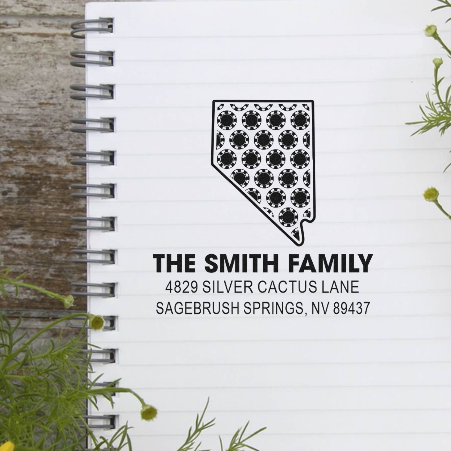Custom return address rubber stamp with Nevada outline for The Smith Family in Sagebrush Springs, NV.