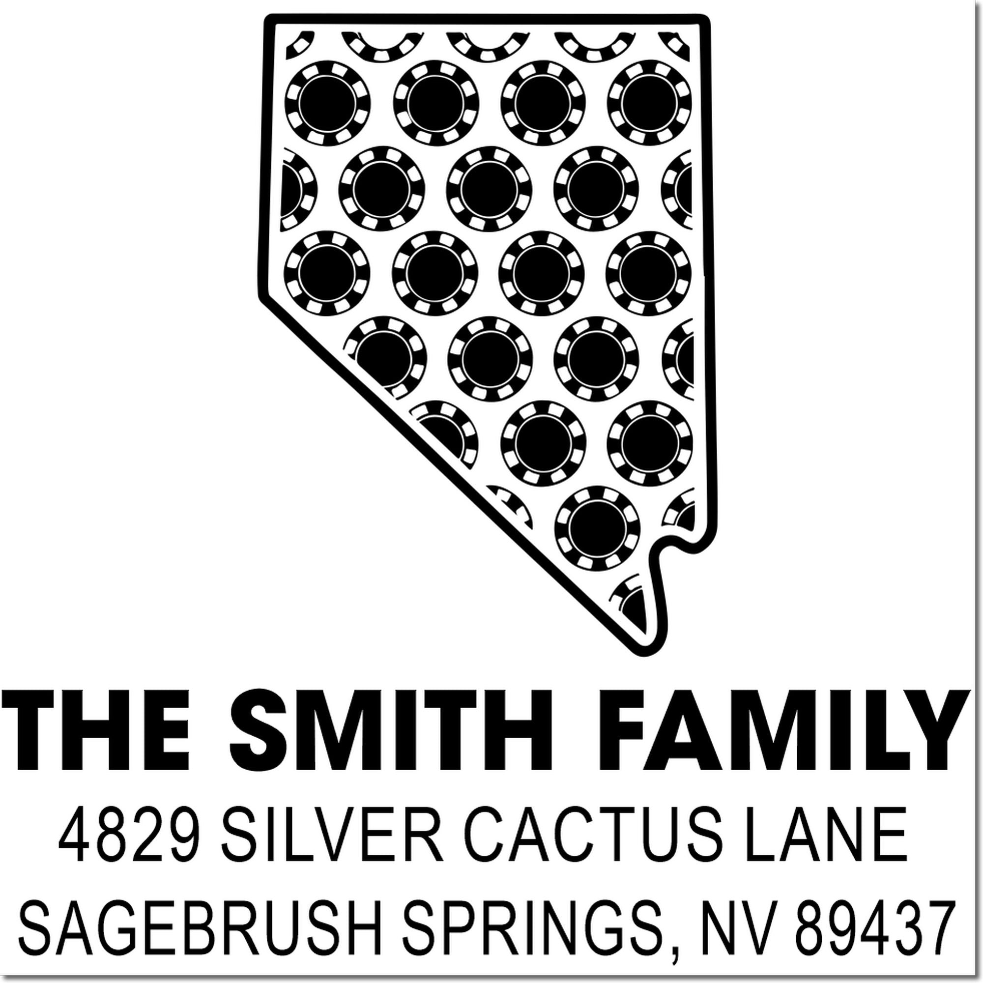 Custom address rubber stamp with poker chip Nevada design for The Smith Family, 4829 Silver Cactus Lane, Sagebrush Springs NV 89437