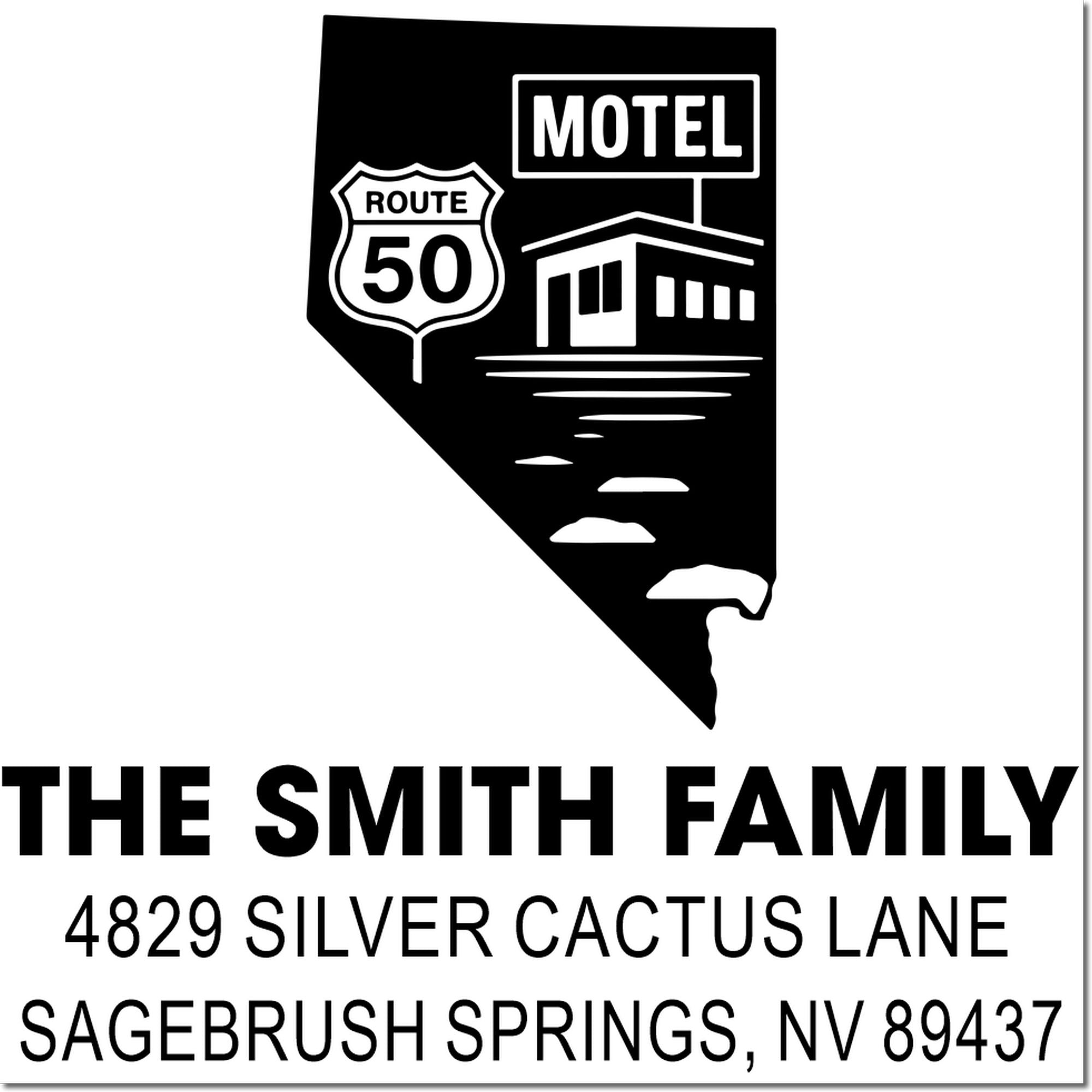 Custom Nevada family address rubber stamp with Route 50 motel design, The Smith Family, Sagebrush Springs, NV return address.