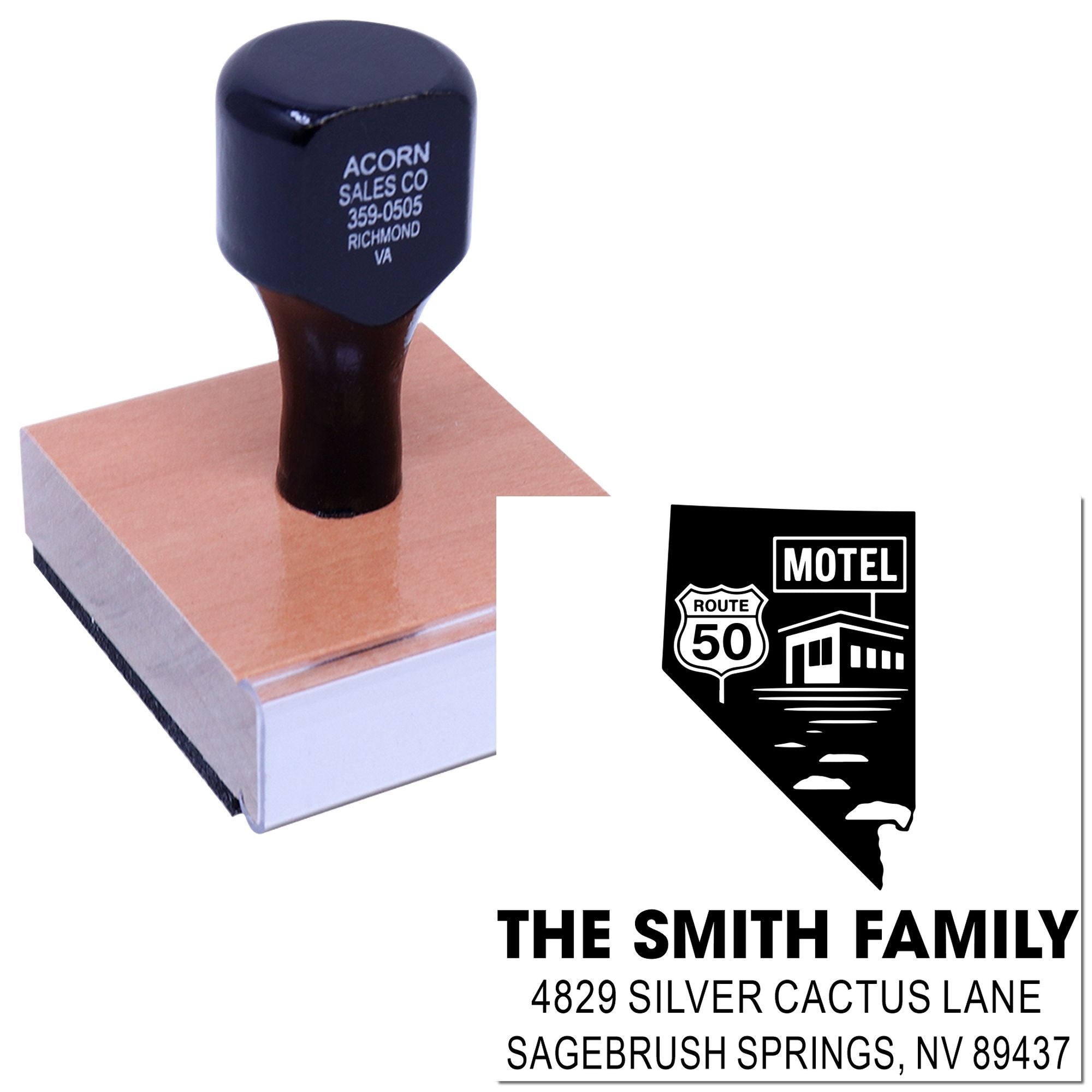 Custom rubber stamp showing motel Route 50 design with personalized family name and address imprint for mailing.