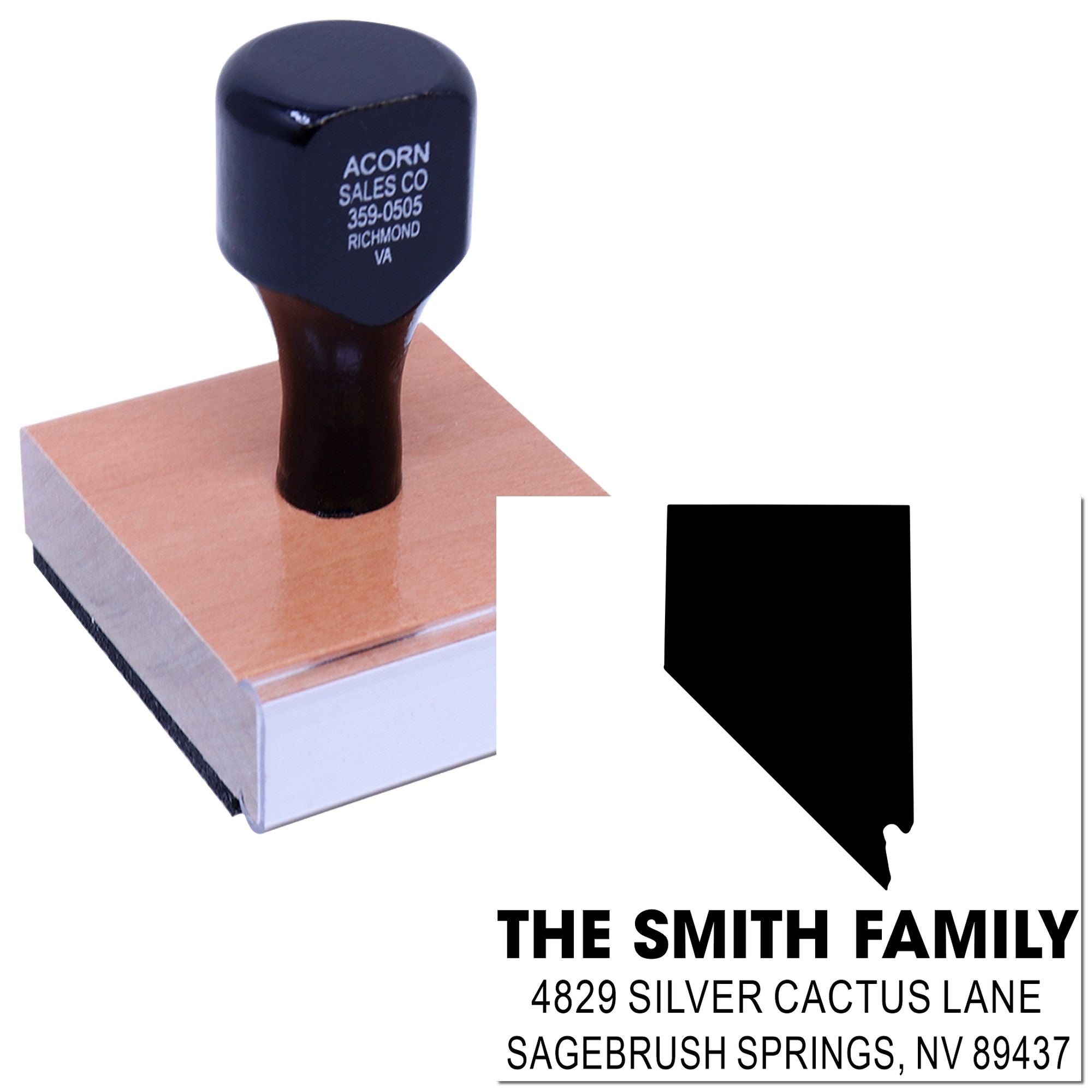 Self-inking custom return address rubber stamp for The Smith Family, Sagebrush Springs, NV, with house silhouette design.