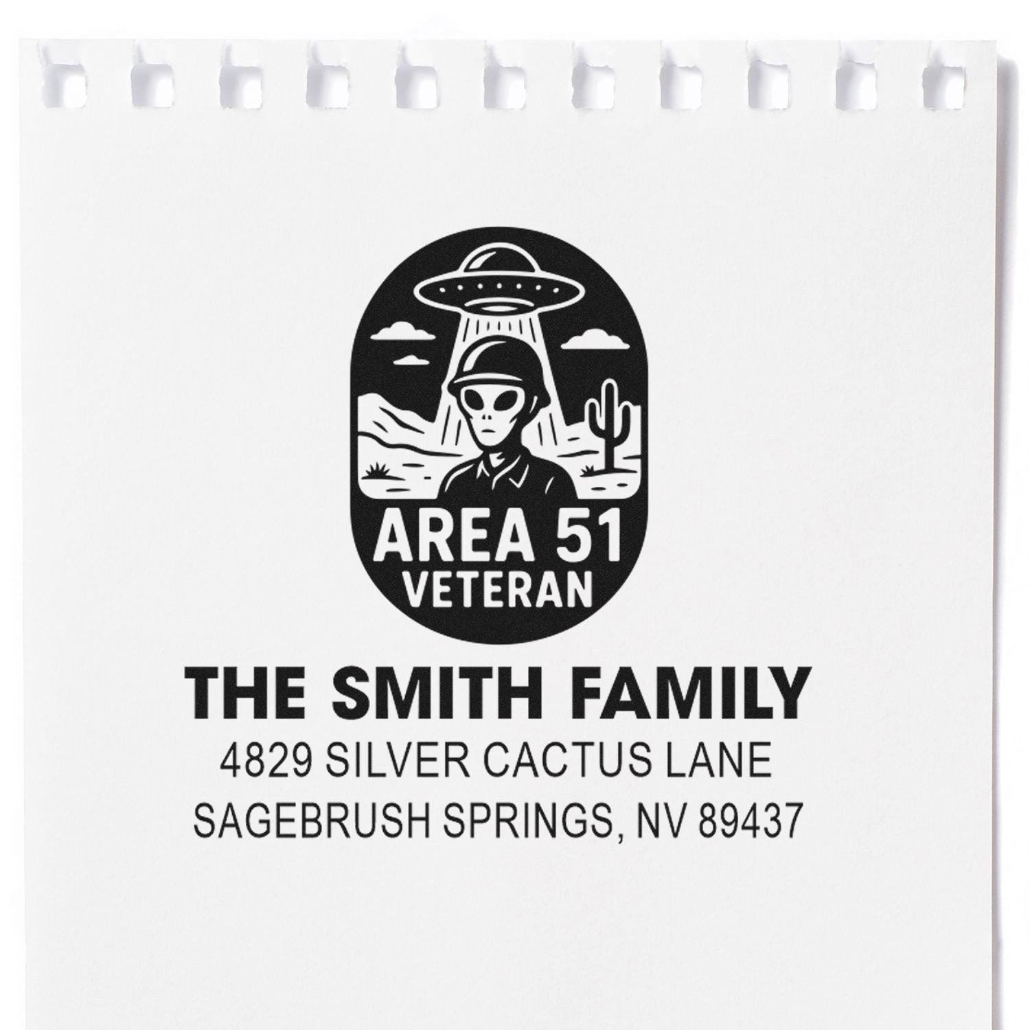 Custom Area 51 Veteran address rubber stamp with alien UFO design for personalized family return address on envelopes.