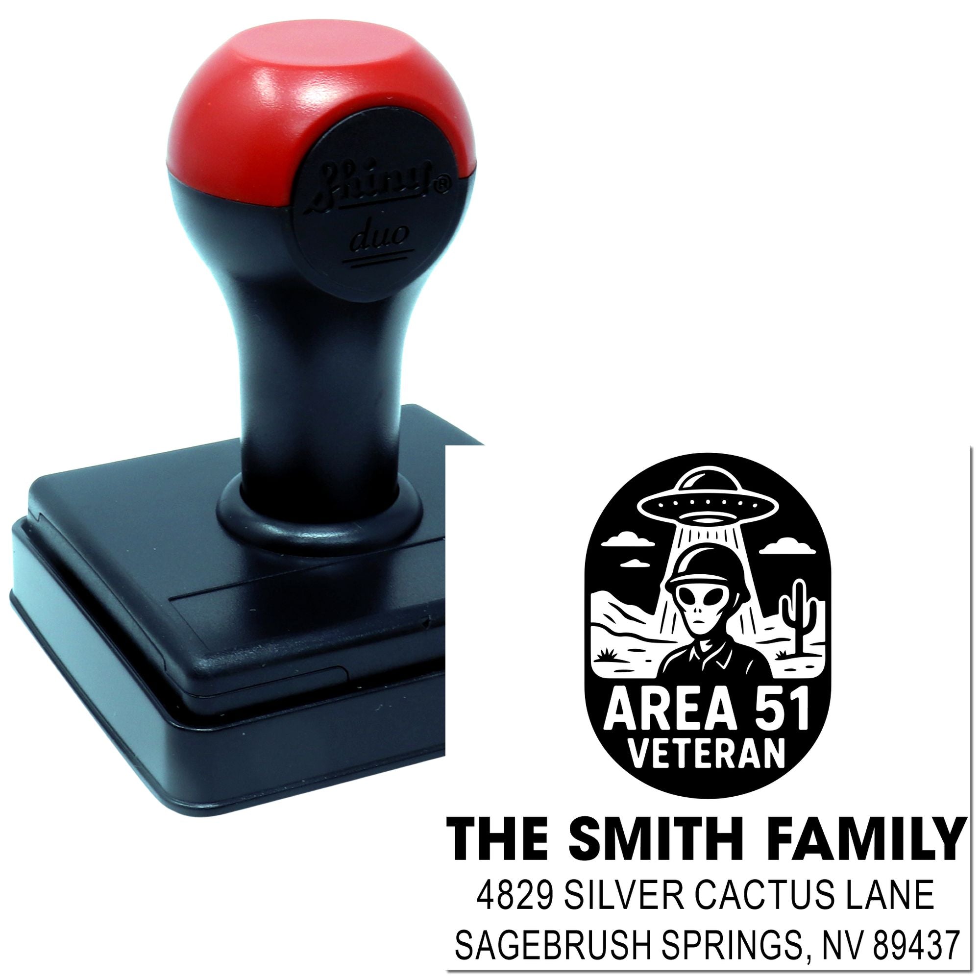 Custom self-inking rubber stamp with Area 51 Veteran family address design for The Smith Family.