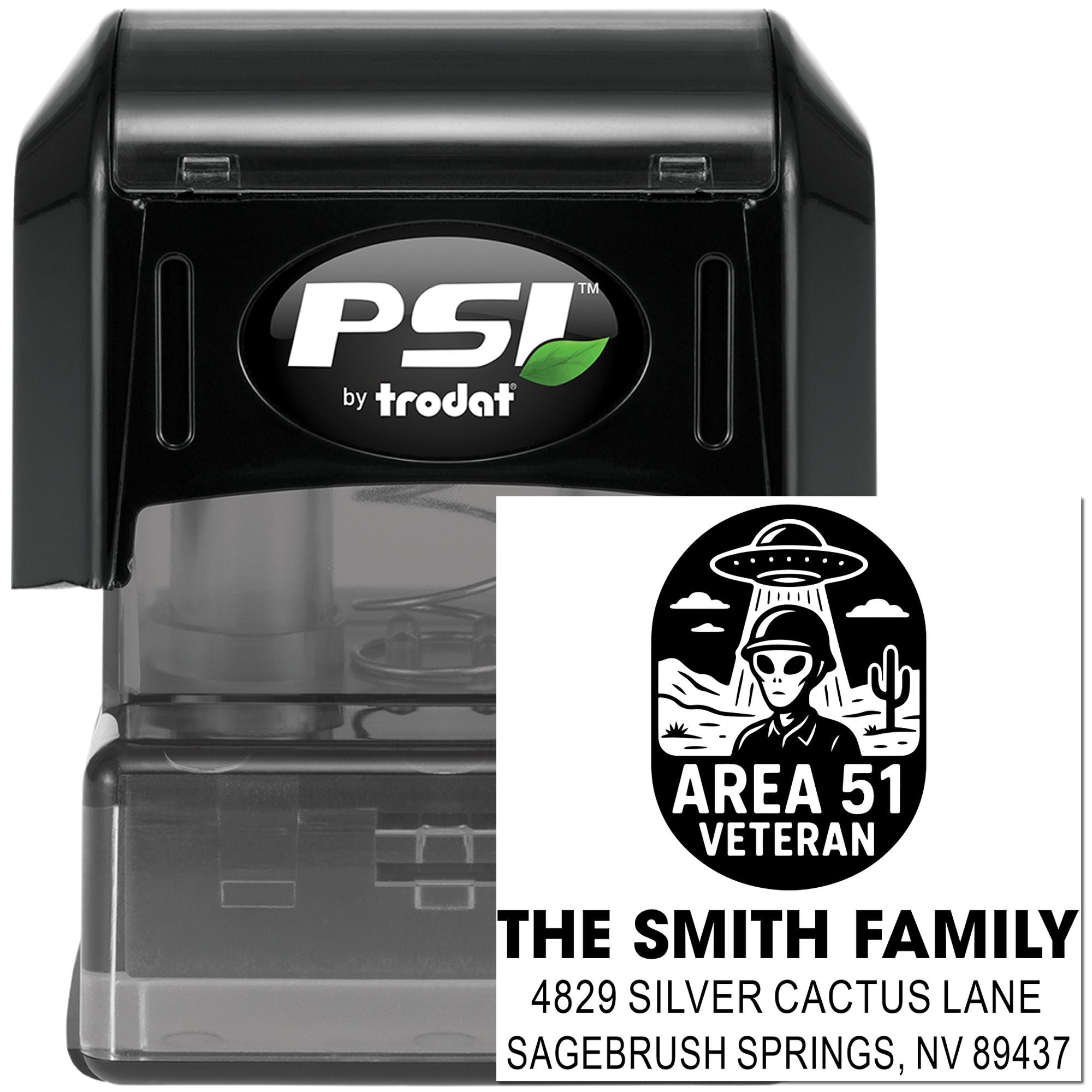 PSI by Trodat self-inking rubber stamp showing a custom Area 51 Veteran family address stamp design
