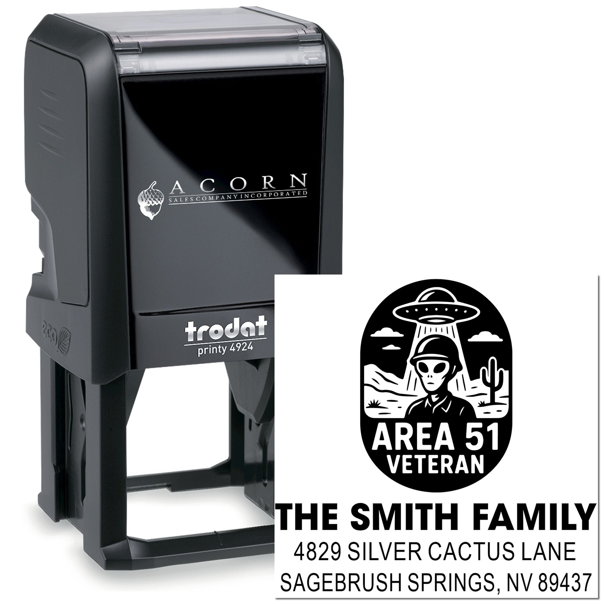 Custom self-inking address rubber stamp, Trodat Printy 4924, featuring Area 51 Veteran family mailing design.