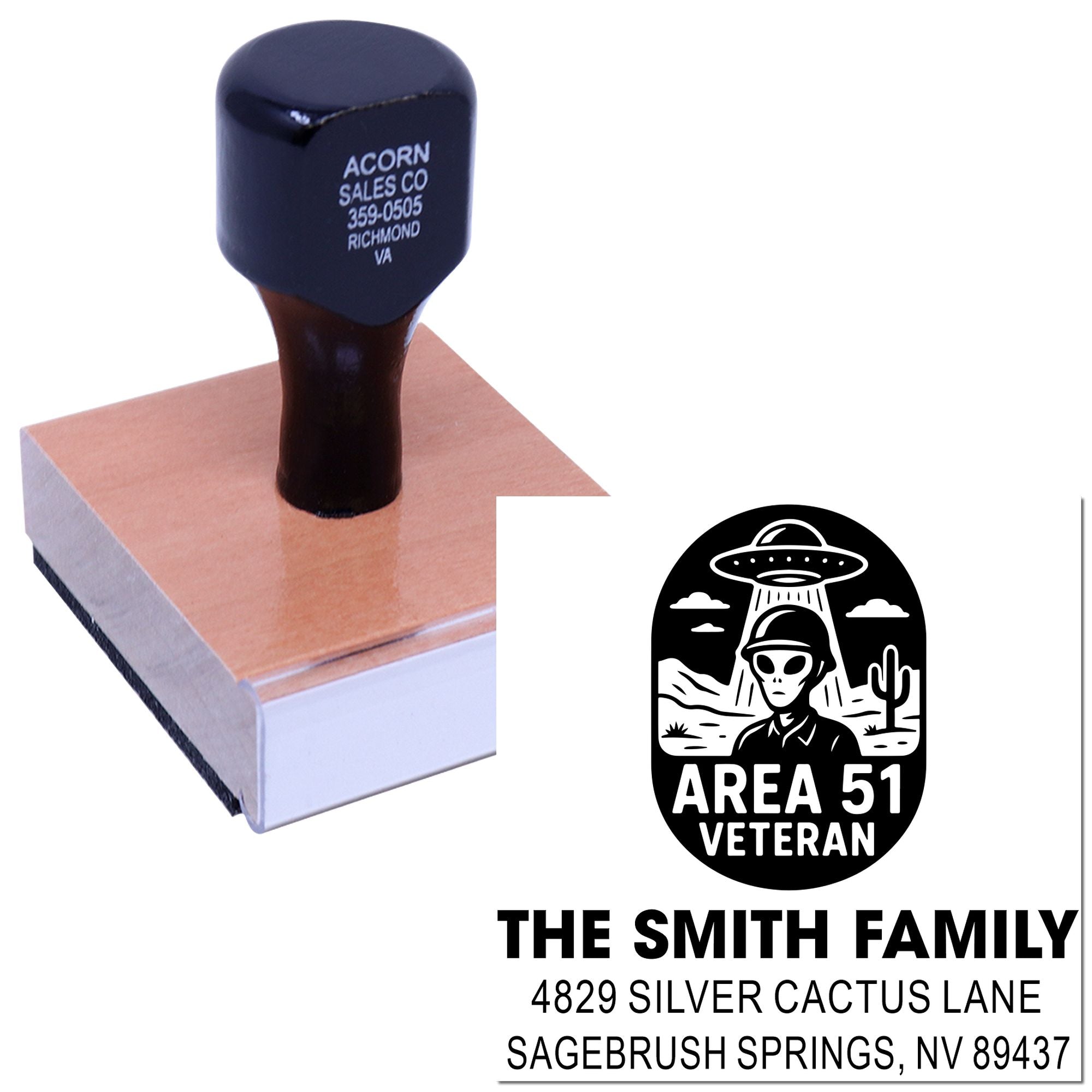 Custom return address rubber stamp featuring an Area 51 Veteran design for personalized family mailings.