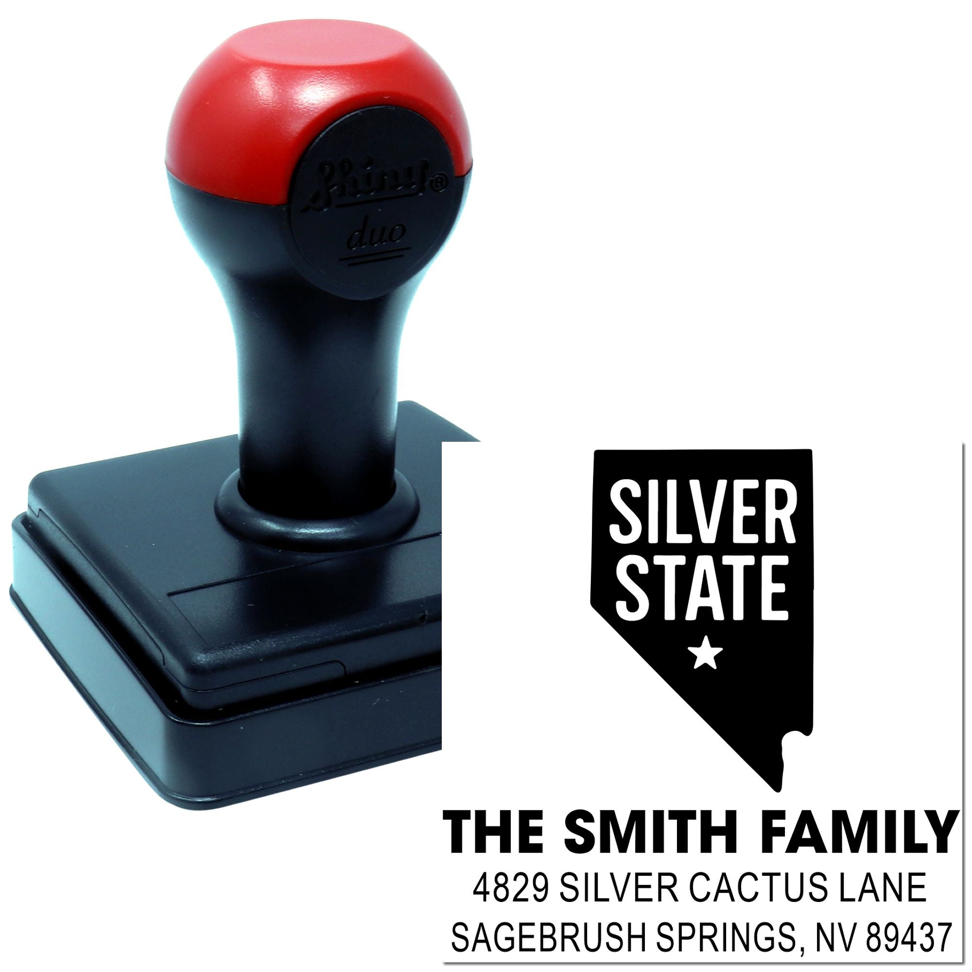 Custom self-inking Nevada address rubber stamp for The Smith Family, Silver State design, Sagebrush Springs, NV.