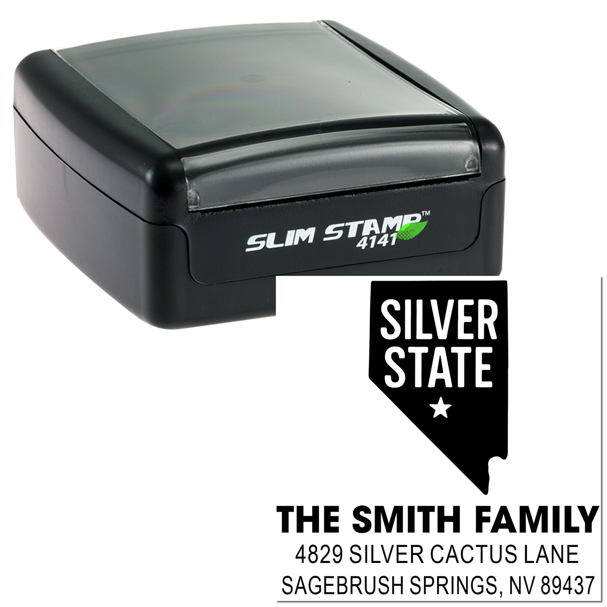 Custom self-inking rubber stamp with Nevada Silver State return address design for The Smith Family