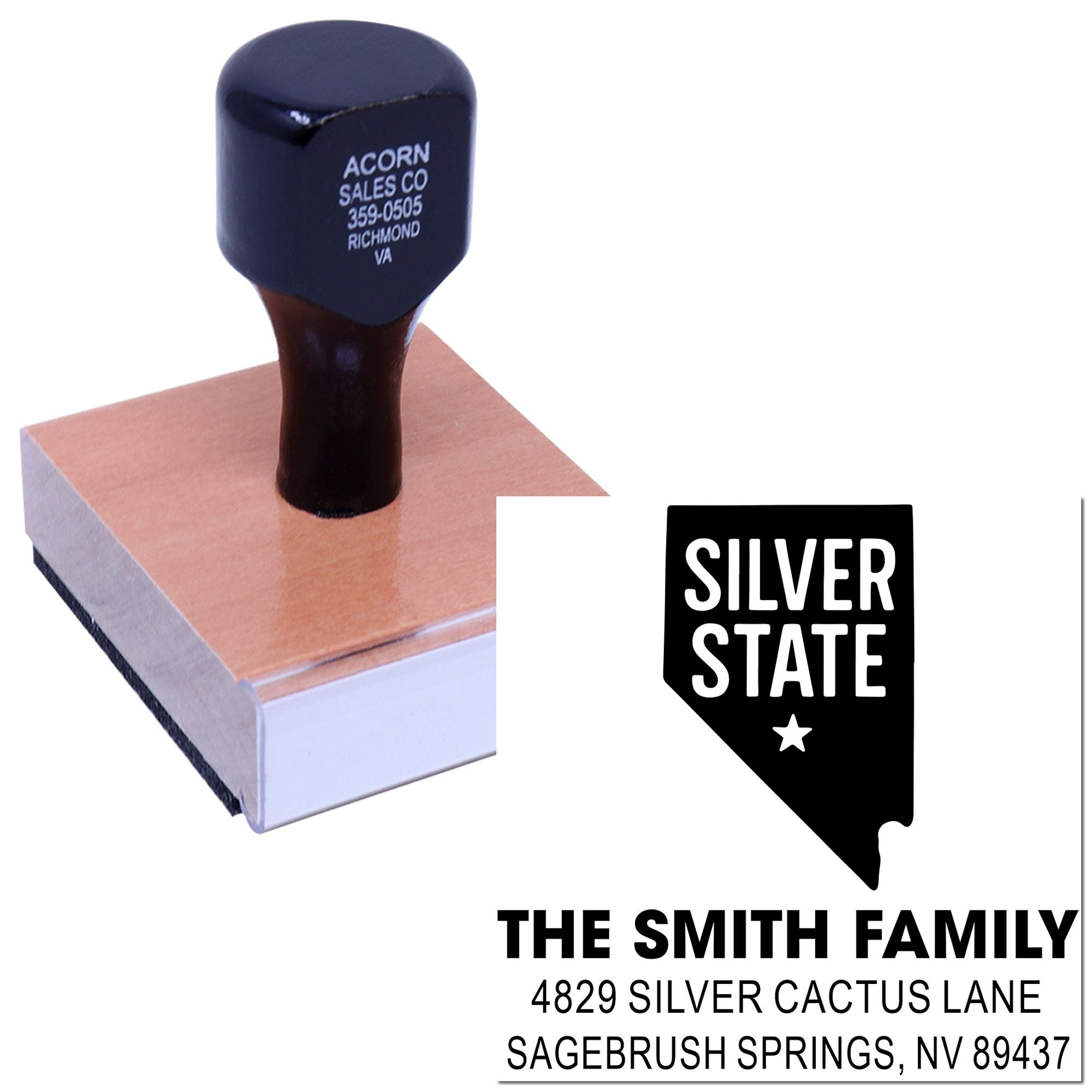 Custom Nevada Silver State address rubber stamp for The Smith Family, 4829 Silver Cactus Lane, Sagebrush Springs, NV 89437