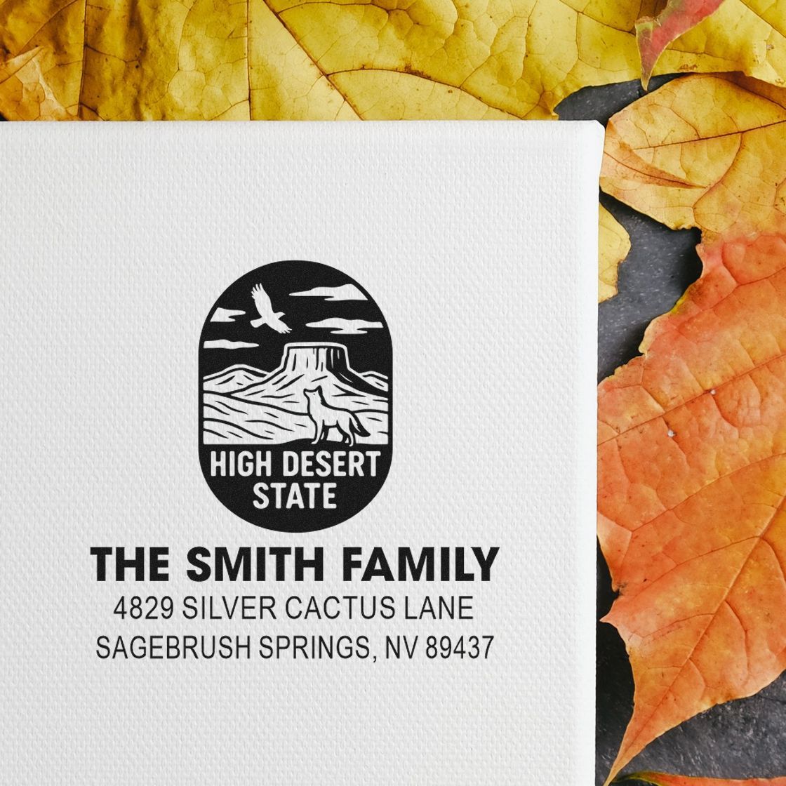 Personalized rubber address stamp mockup with High Desert State design and Smith family return address.