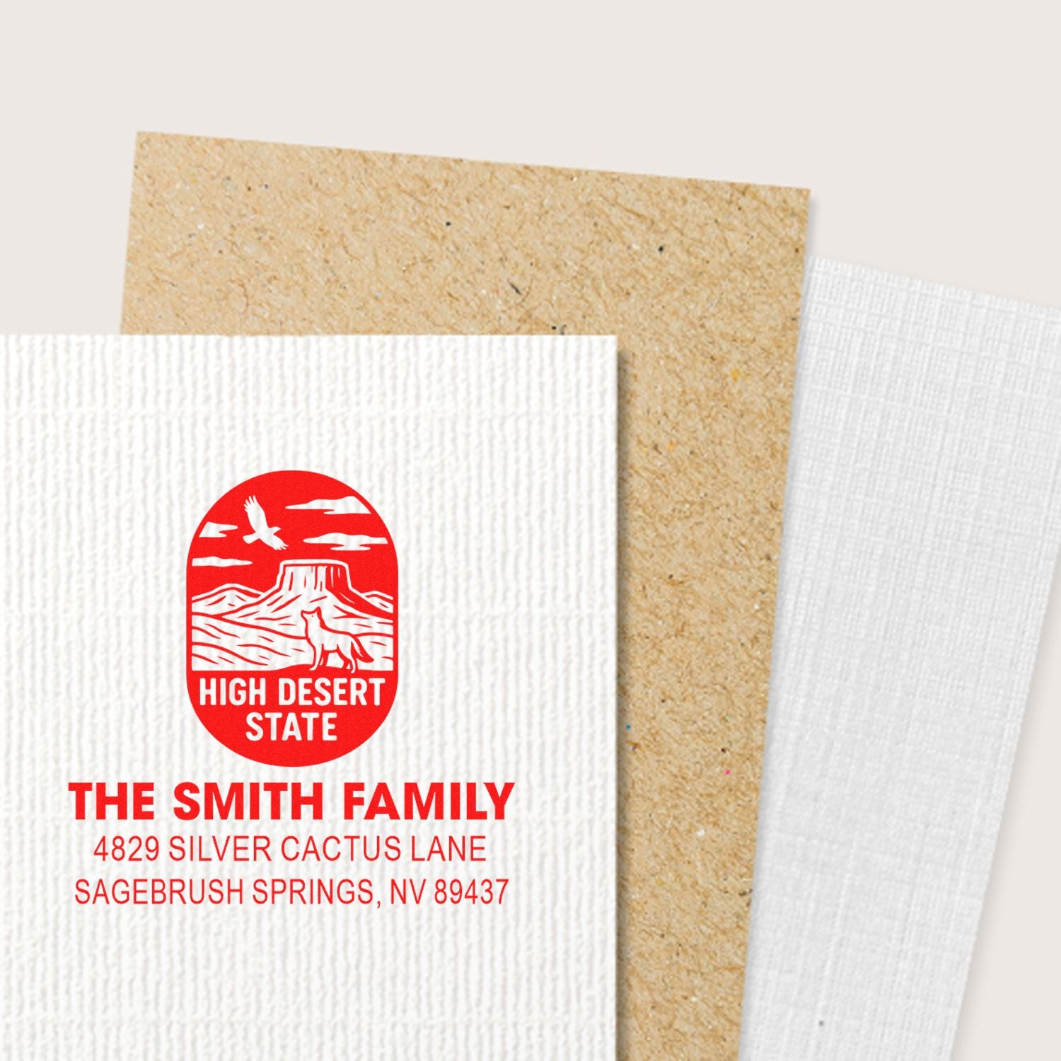 Custom return address rubber stamp with High Desert State logo for The Smith Family in Sagebrush Springs, NV.