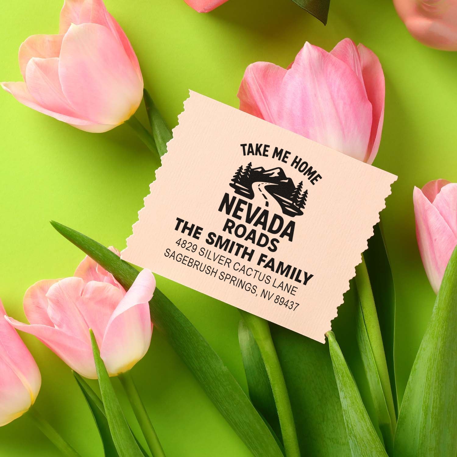 Custom Nevada roads return address rubber stamp for The Smith Family, perfect for envelopes, wedding invites, and home mail.