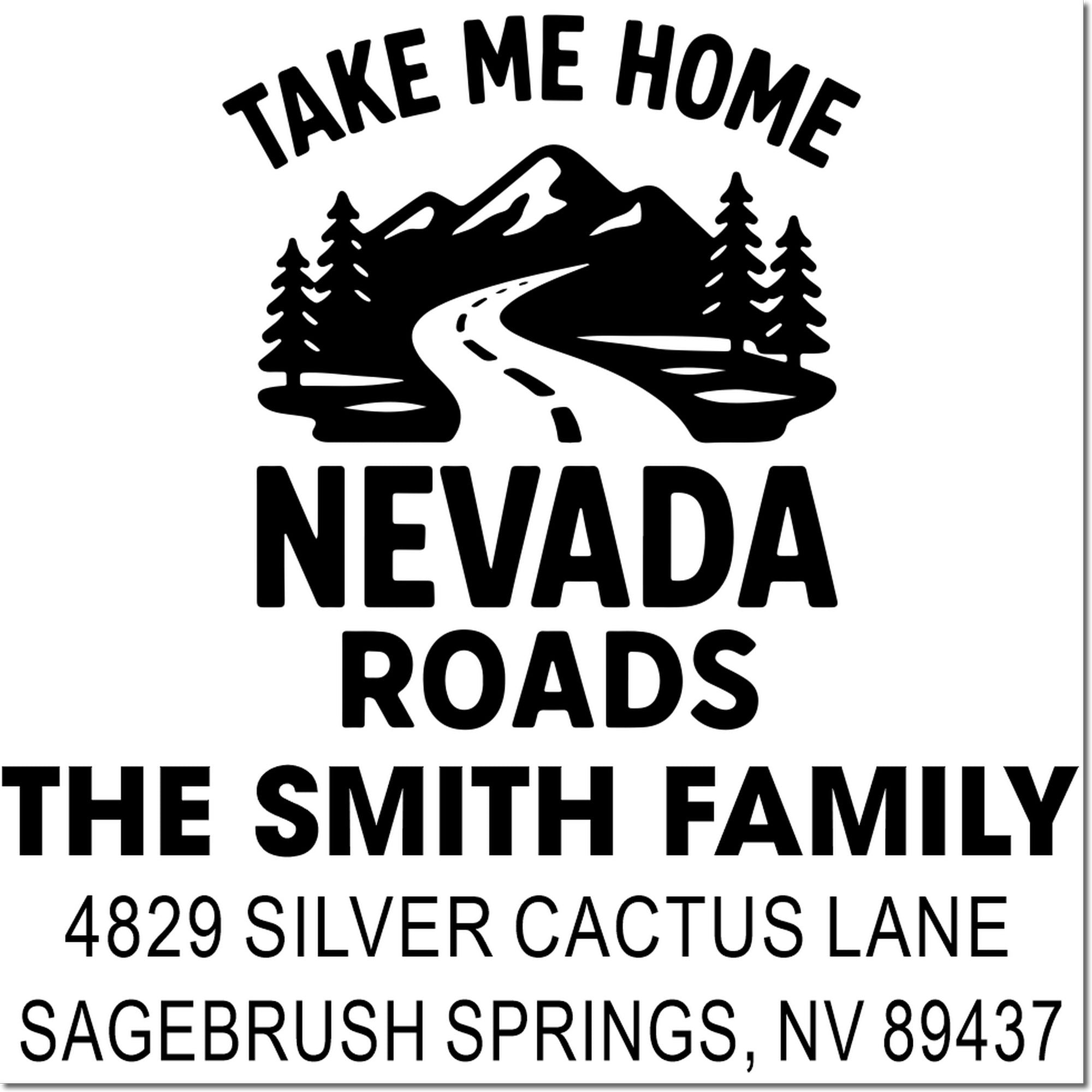 Personalized Nevada return address rubber stamp with mountain road graphic, family name, and custom address.