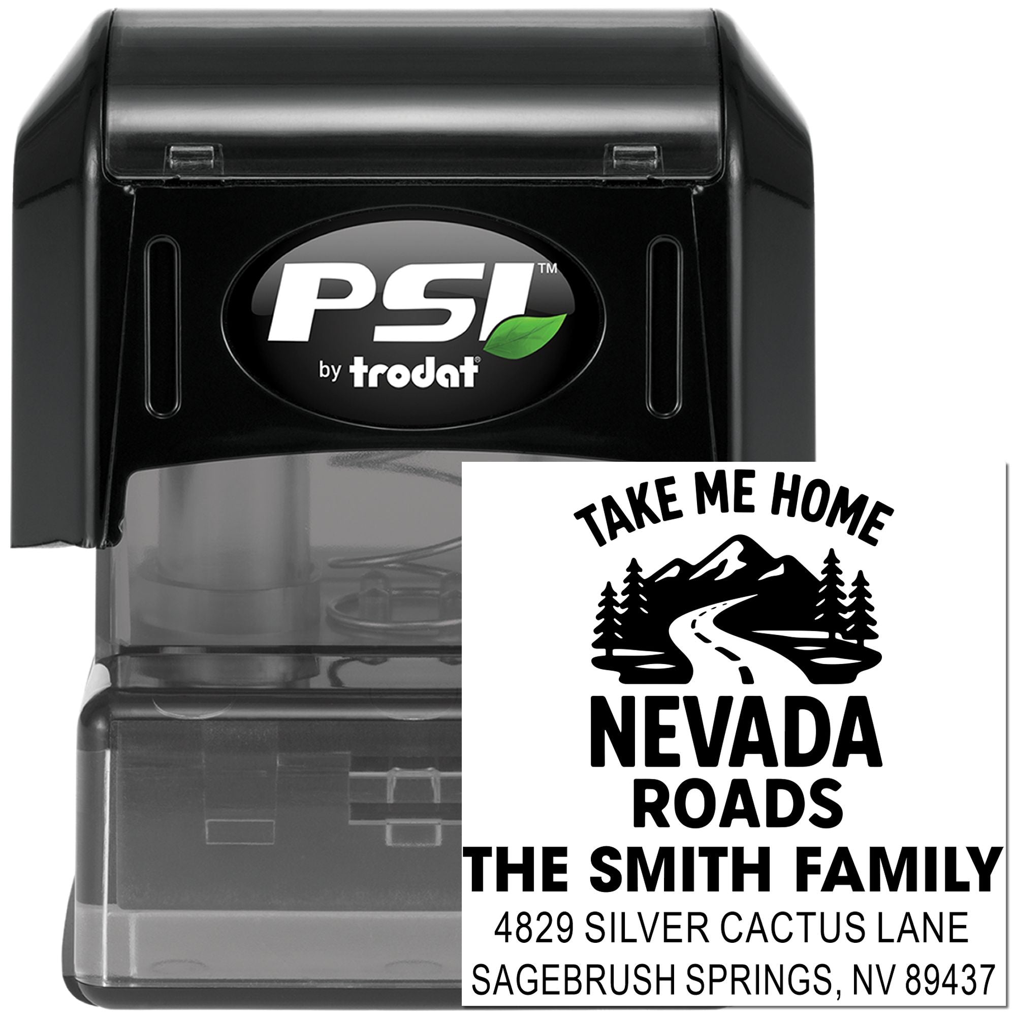 Custom self-inking rubber stamp by PSI by Trodat featuring a personalized Nevada roads family address design.