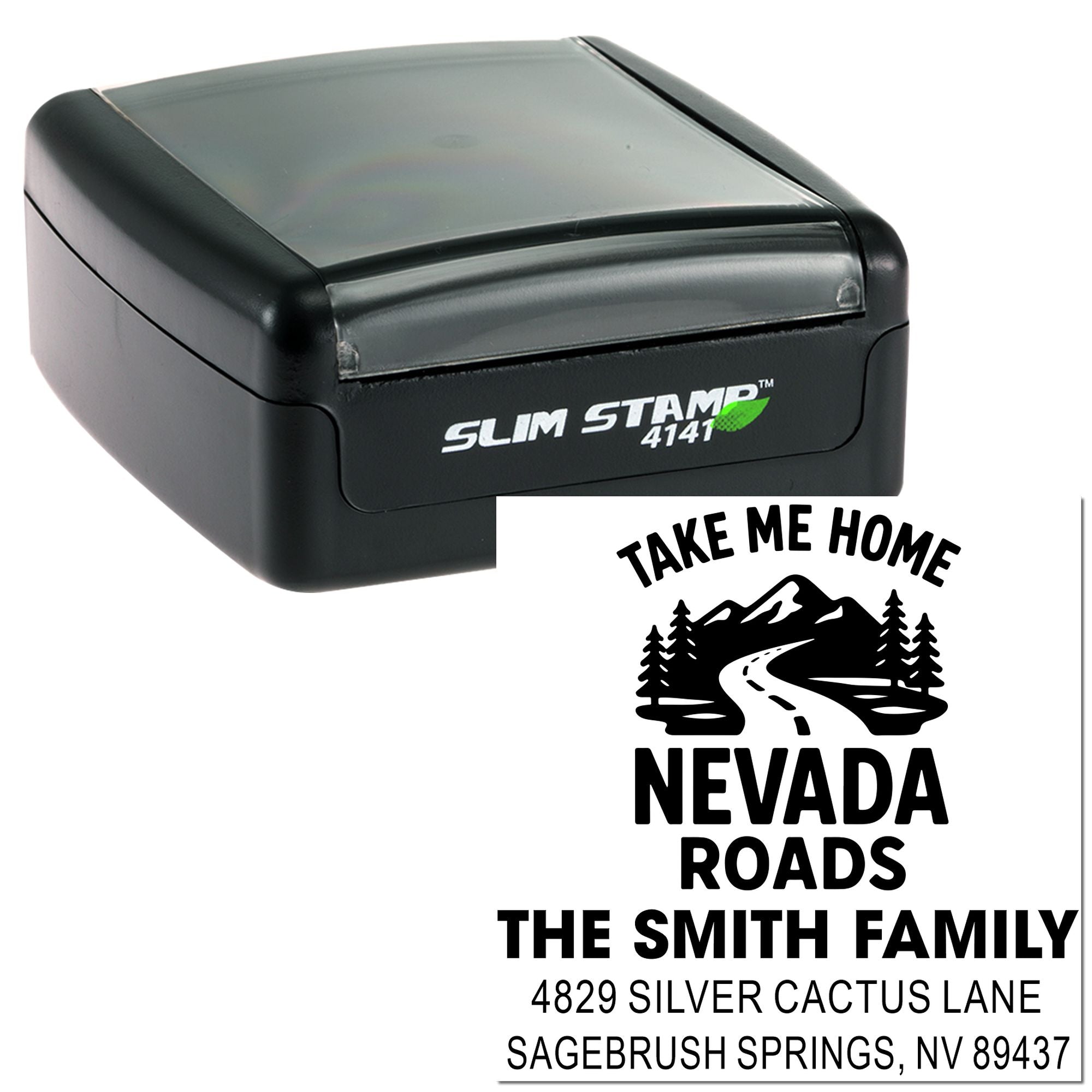 Custom self-inking rubber stamp with Nevada Roads return address design for The Smith Family address label.