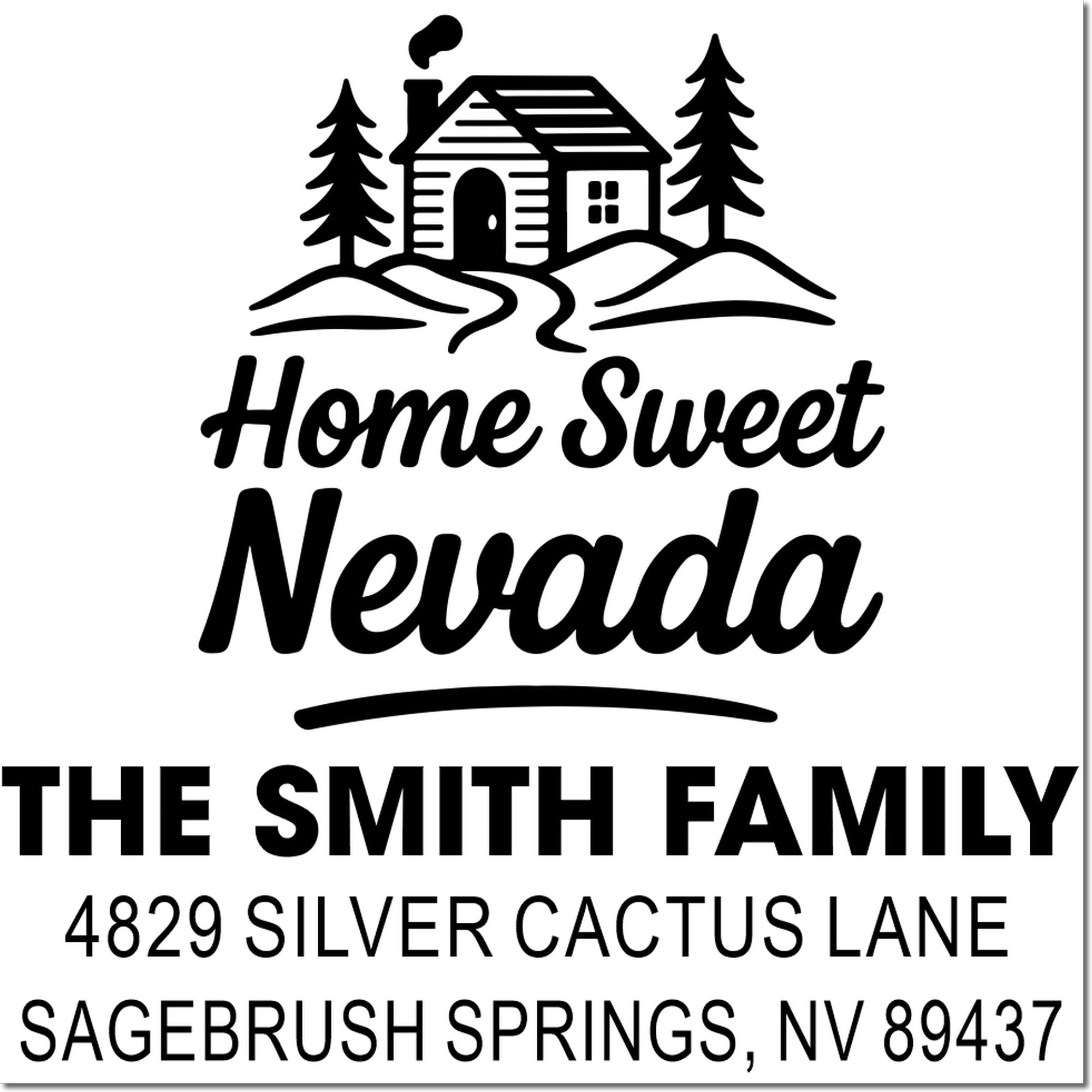Personalized Nevada return address rubber stamp for The Smith Family, with home sweet Nevada design and Sagebrush Springs address.