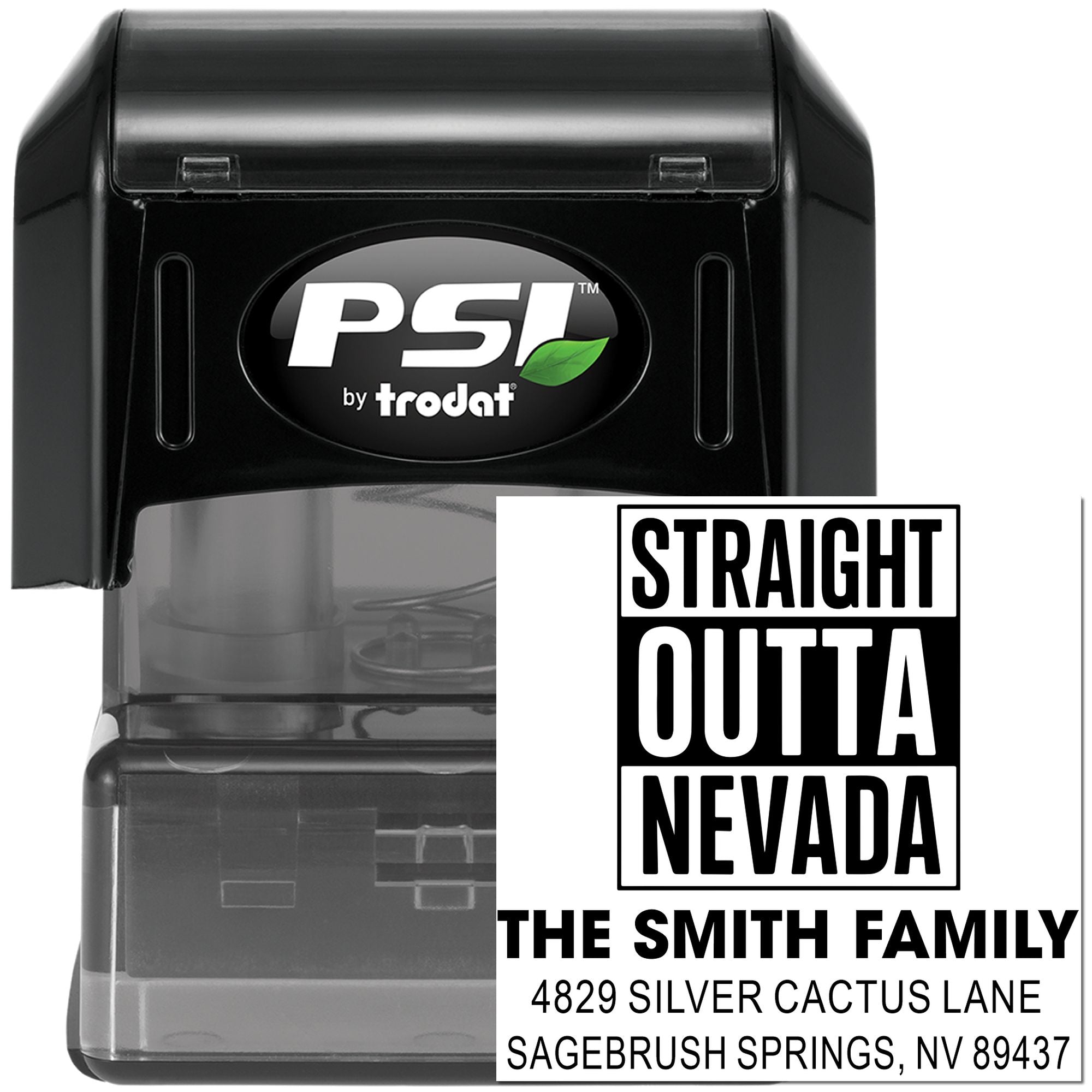 PSI by Trodat self-inking rubber address stamp with Straight Outta Nevada family return address design.