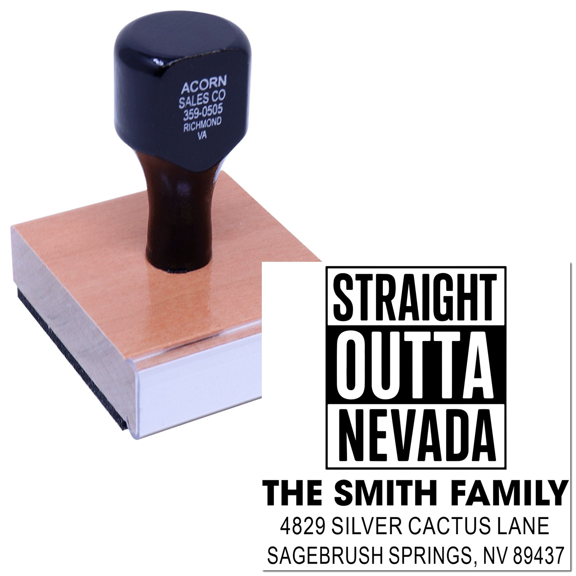 Custom self-inking rubber address stamp with Straight Outta Nevada family design for personalized mailings.
