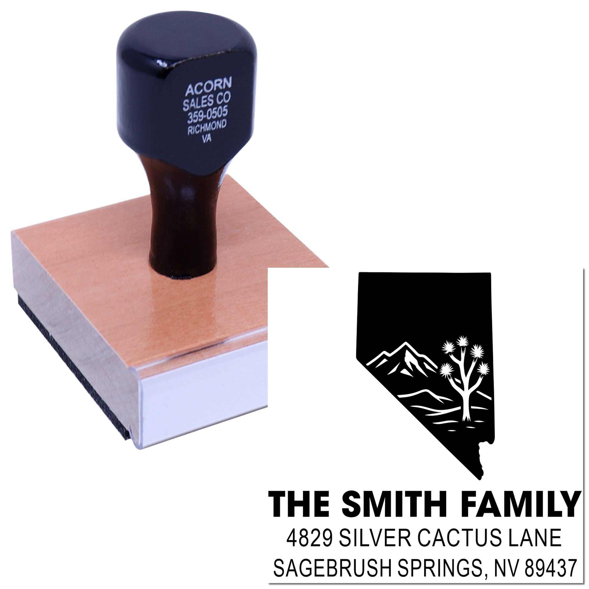 Custom rubber address stamp with Nevada state design for family mailing, featuring name and address imprint.