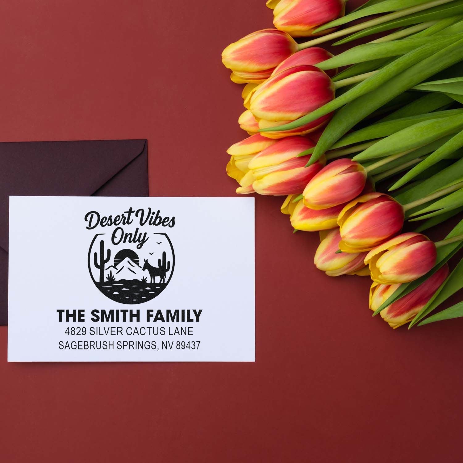 Custom return address rubber stamp for The Smith Family with Desert Vibes Only desert icon and personalized mailing address.