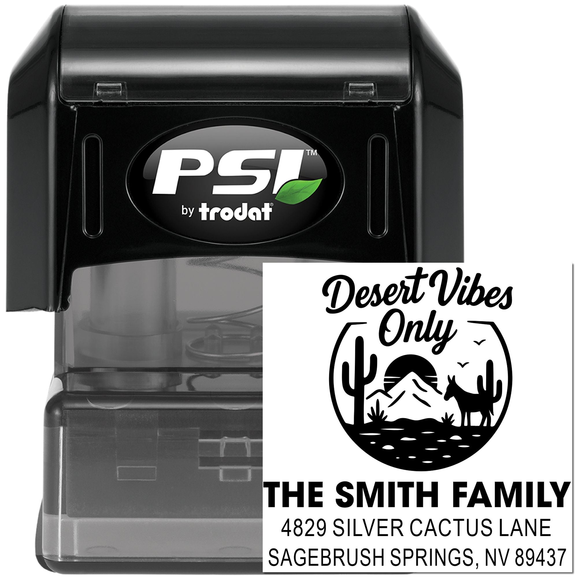 Custom self-inking rubber address stamp with Desert Vibes Only design for The Smith Family.