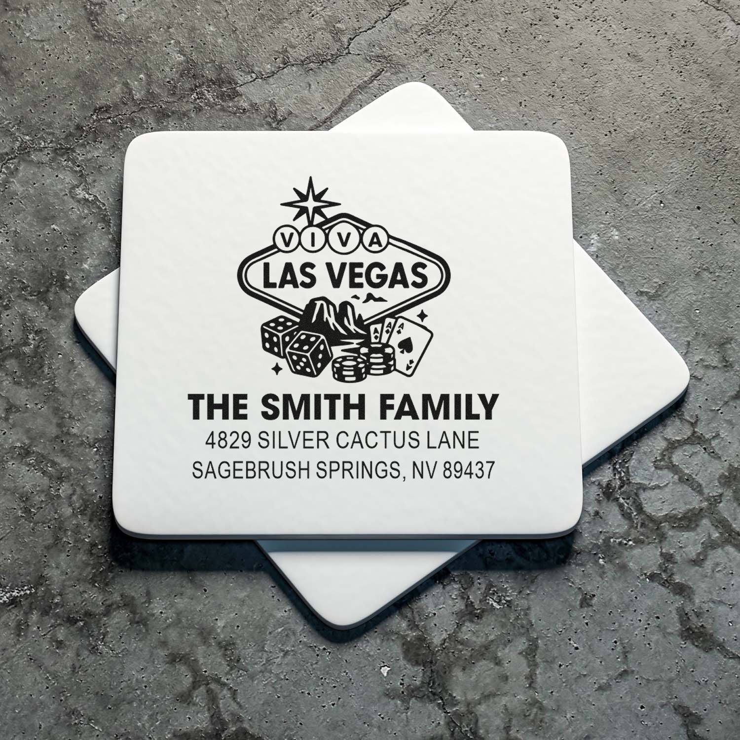 Custom Las Vegas return address rubber stamp for The Smith Family, featuring personalized name and mailing address.