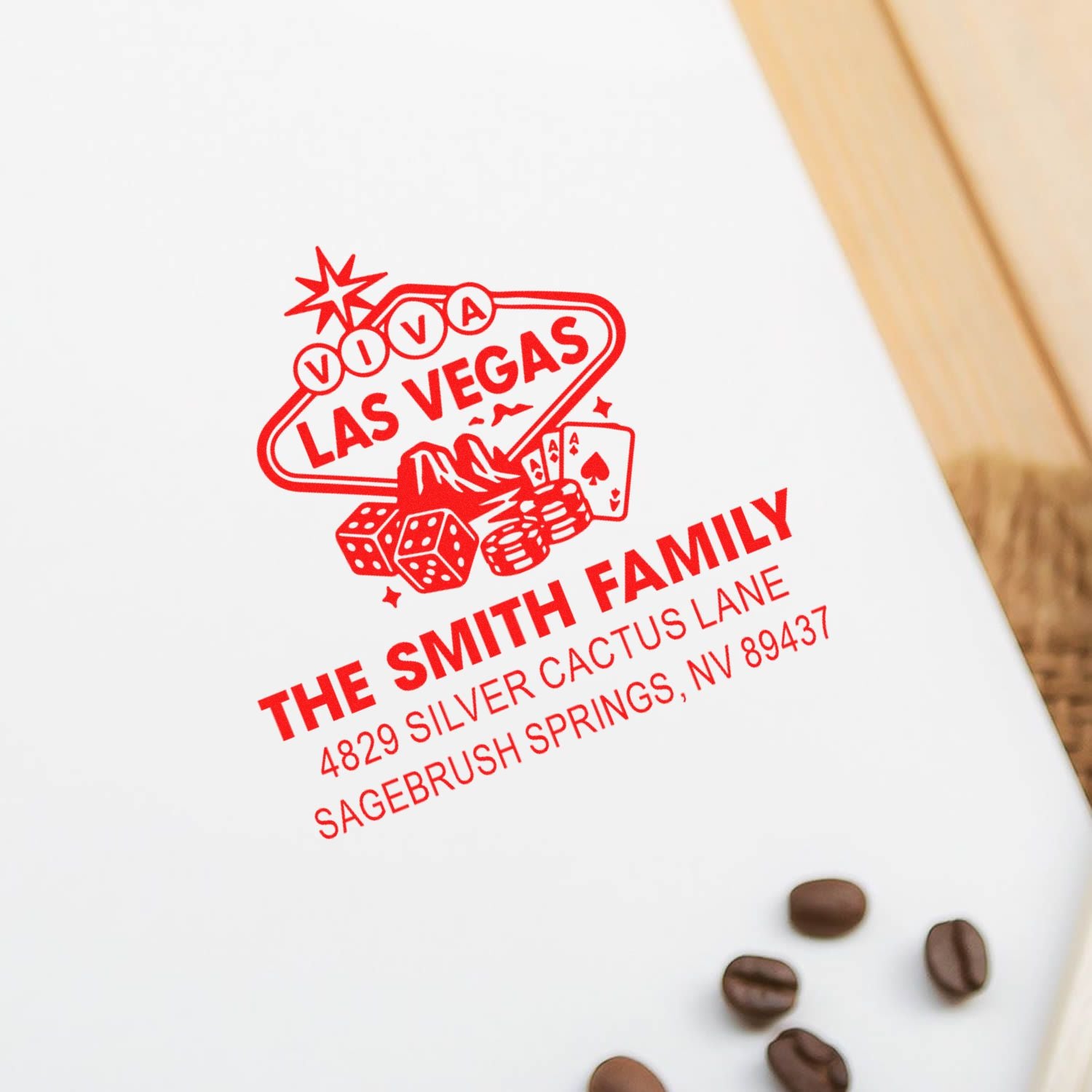 Custom rubber stamp impression with Viva Las Vegas design, The Smith Family name, and return address imprint.