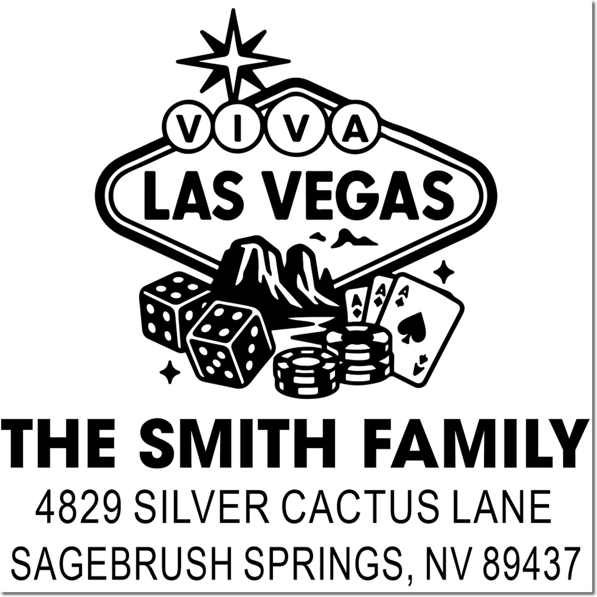 Custom Las Vegas return address rubber stamp for The Smith Family, 4829 Silver Cactus Lane, Sagebrush Springs, NV 89437.
