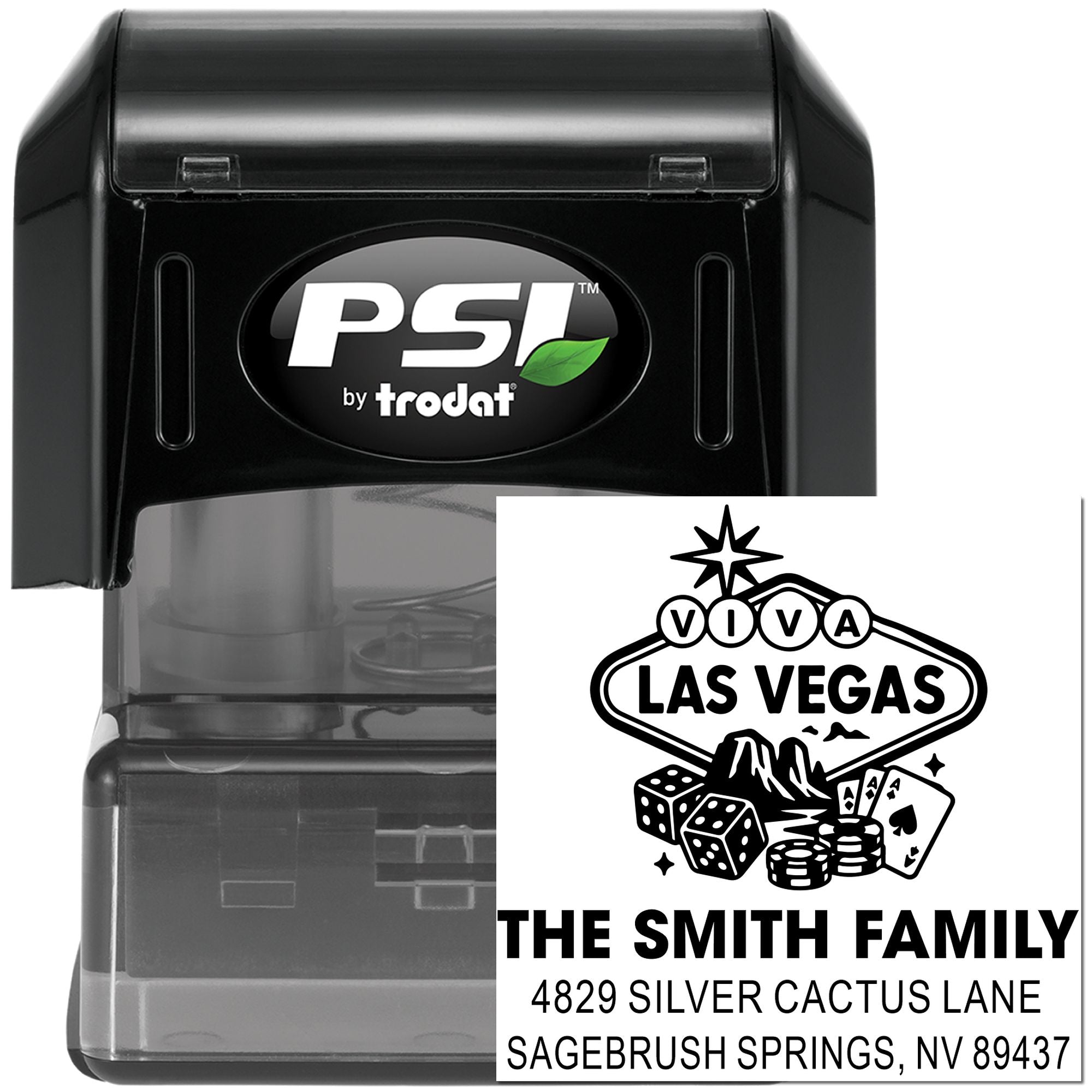 Custom self-inking rubber stamp by PSI Trodat with Viva Las Vegas family address design for personalized mailing.