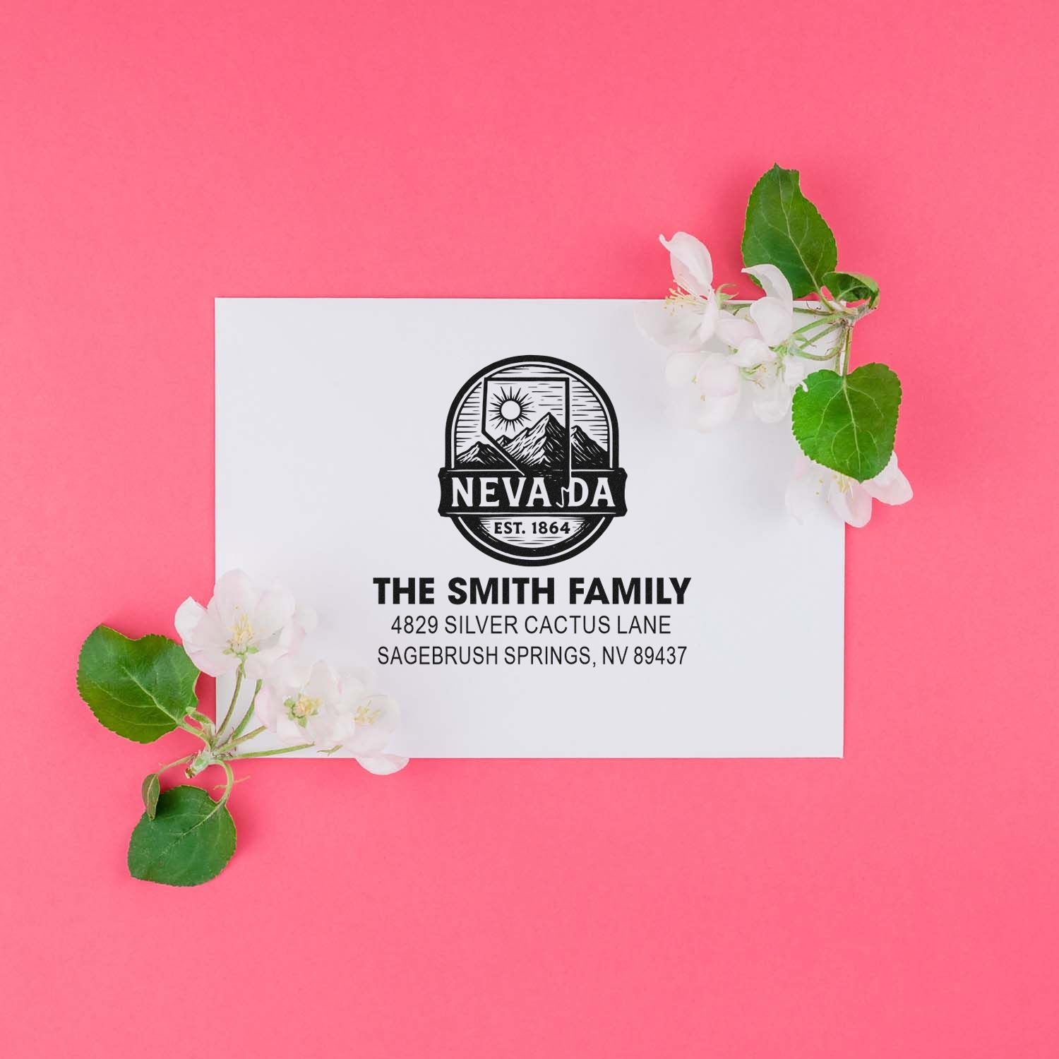Custom Nevada family return address rubber stamp with mountain logo and personalized address for wedding stationery.