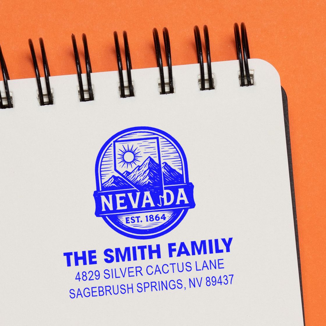 Custom Nevada family return address rubber stamp with The Smith Family name and Sagebrush Springs, NV address.