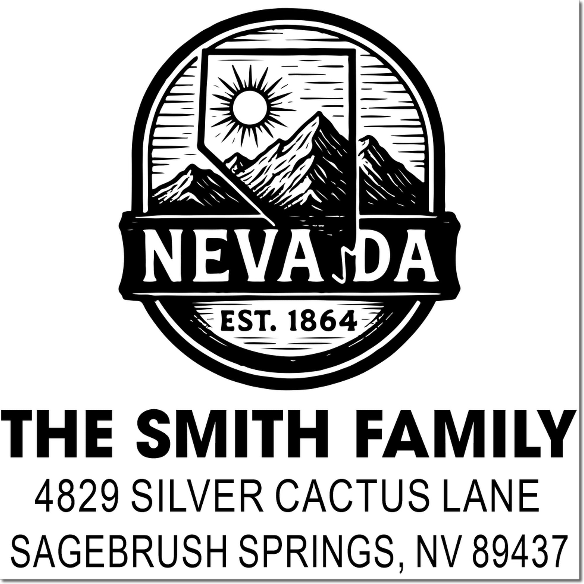 Nevada family return address rubber stamp with mountain emblem, The Smith Family, Sagebrush Springs, NV 89437
