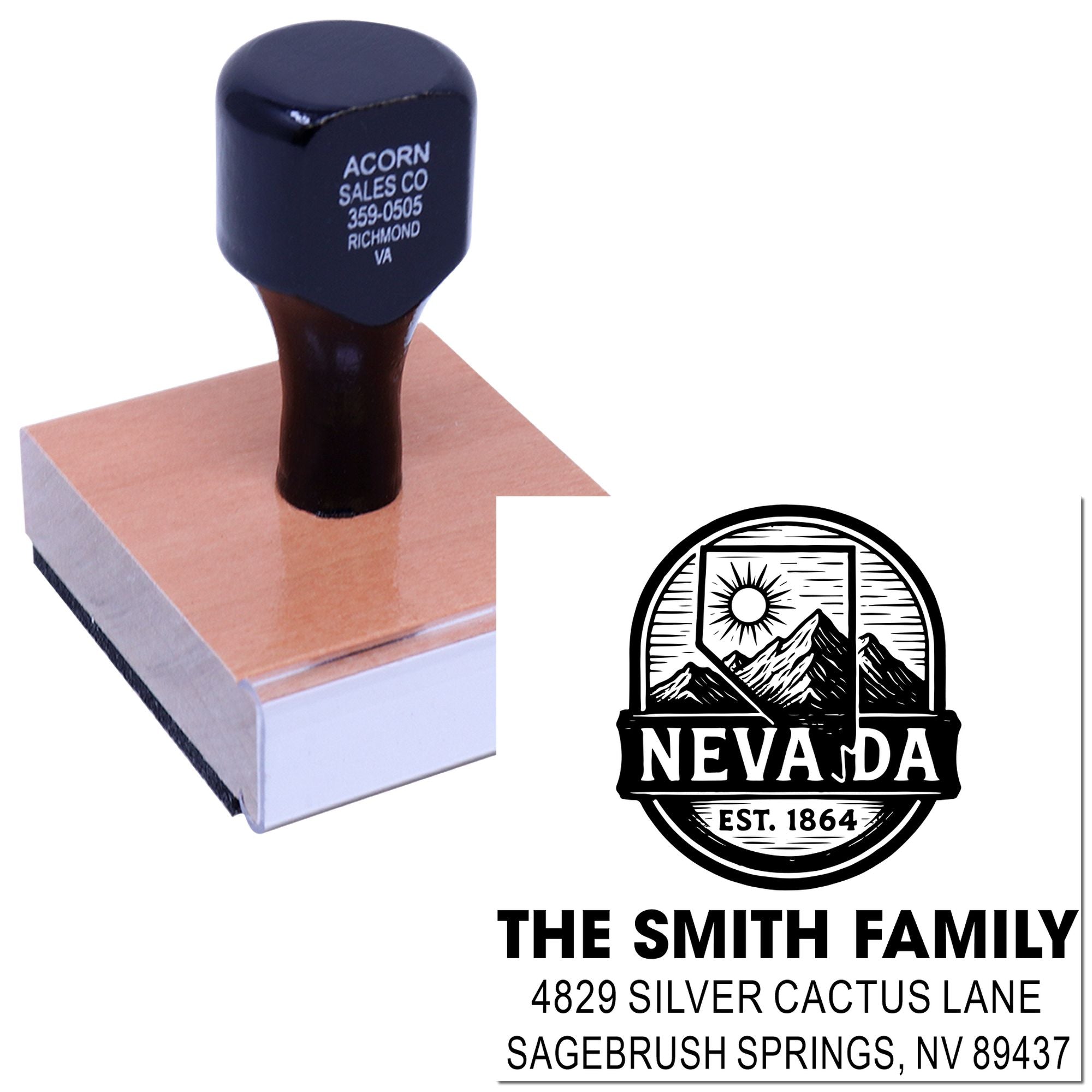 Custom rubber address stamp with Nevada family logo and return address imprint for personalized mailing and branding.