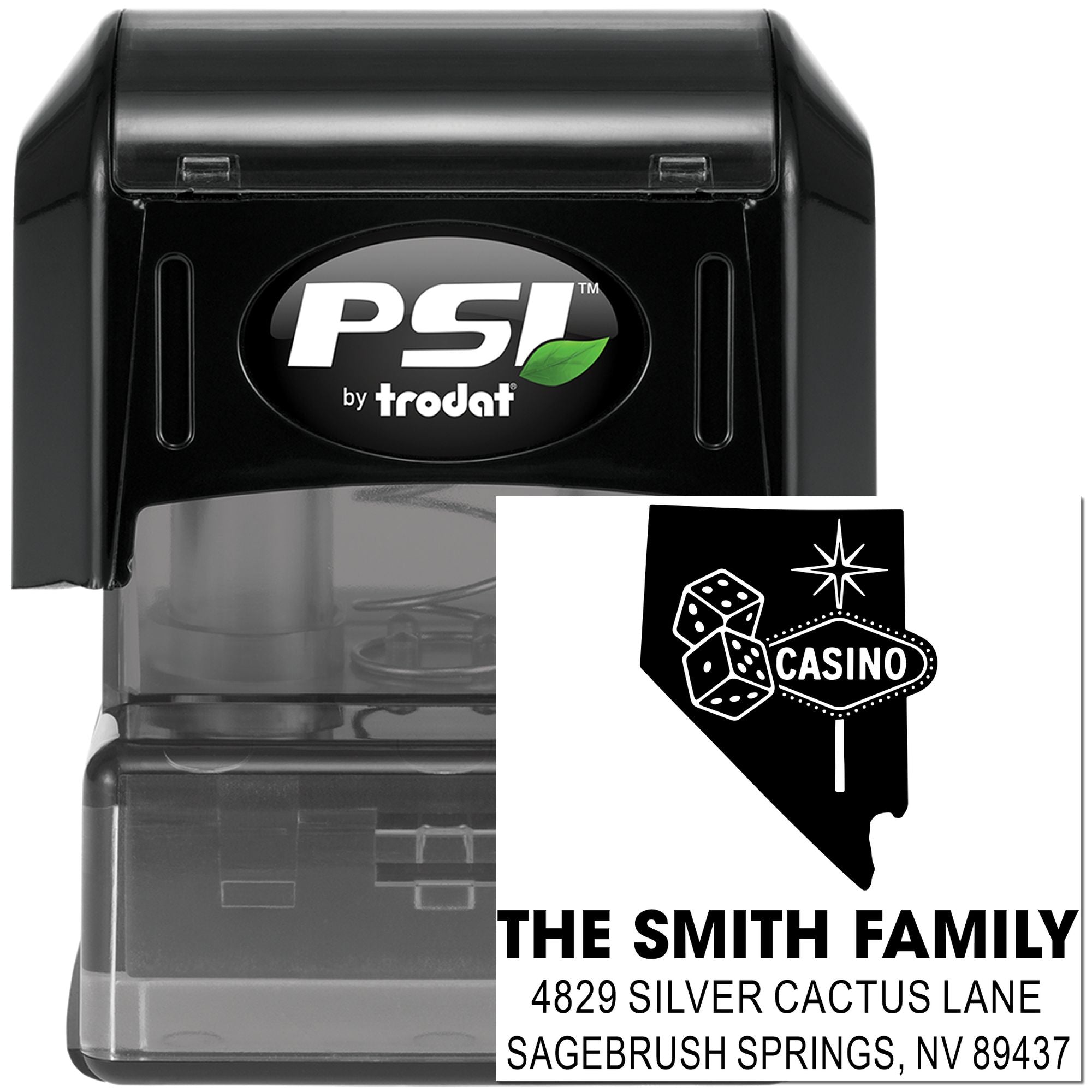 Custom self-inking rubber address stamp with casino dice design, PSI by Trodat, for The Smith Family in Nevada.